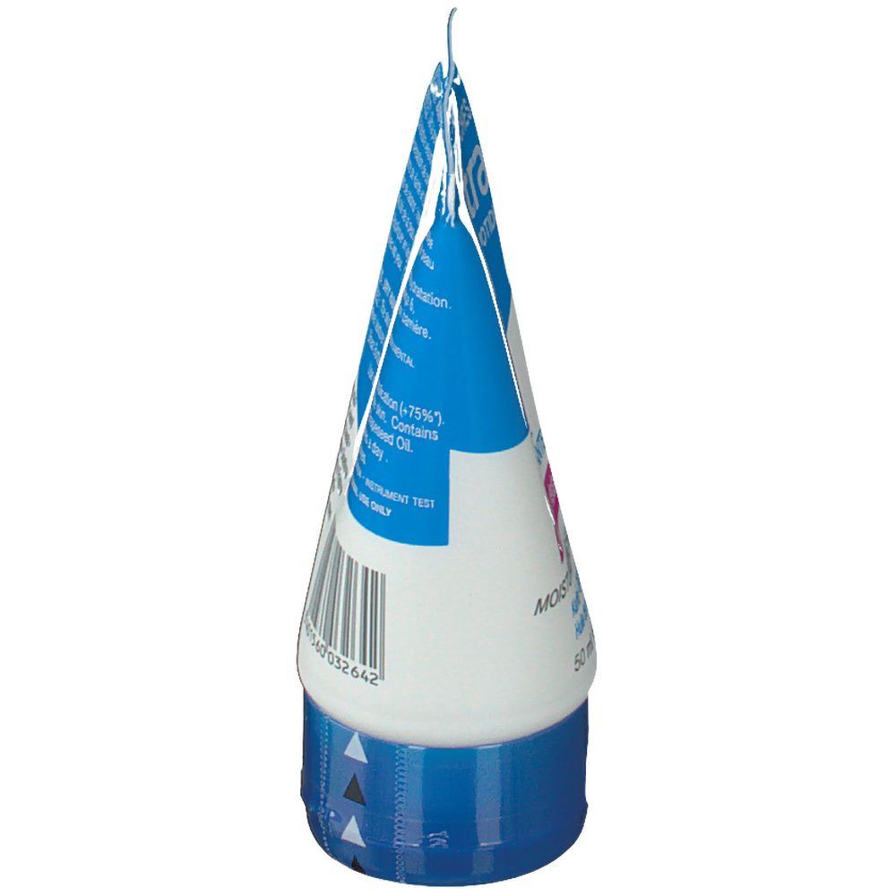 Zijaanzicht van de tube. Blauwe en witte kleuren. Bevat informatie en barcode.