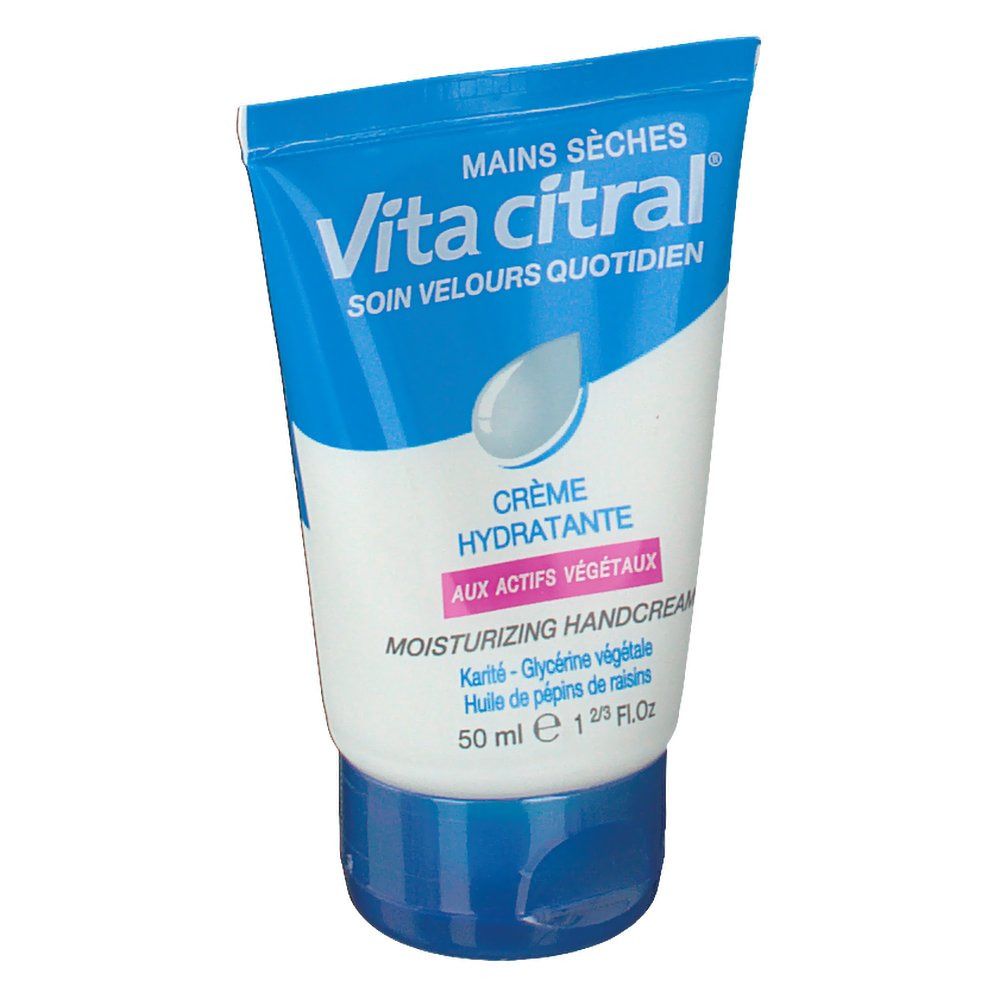 Blauw-witte tube. Opschrift: Vita citral, Crème hydratante. Bevat plantenextracten. 50 ml.