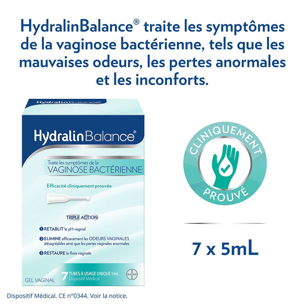 Emballage HydralinBalance. Traite les symptômes de la vaginose bactérienne. 7 x 5ml.