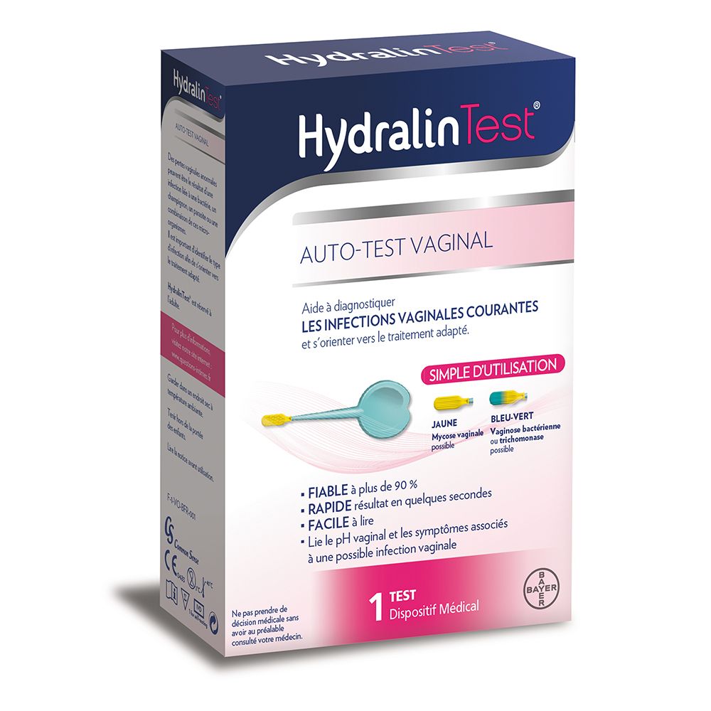 Doos HydralinTest® Auto-test vaginaal. Bevat een test. Opschrift: Auto-test vaginaal, 1 test.