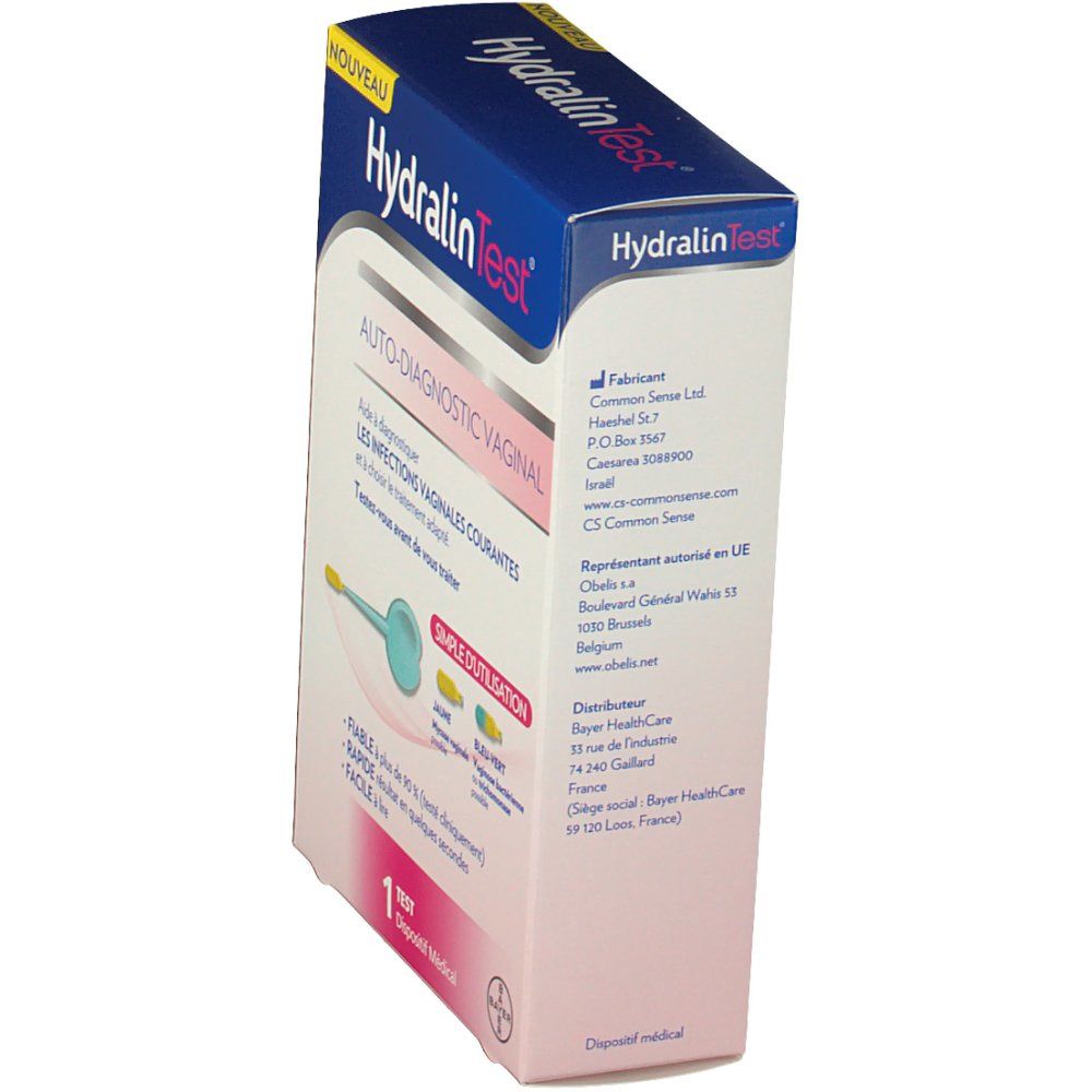Doos HydralinTest® Auto-test vaginaal. Zijaanzicht. Opschrift: Auto-diagnostiek vaginaal, fabrikantinfo.