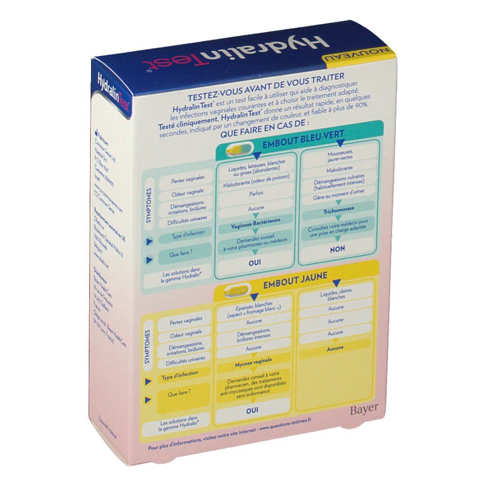 Doos HydralinTest® Auto-test vaginaal. Achterkant. Diagrammen met symptomen en resultaten. Bayer-logo.
