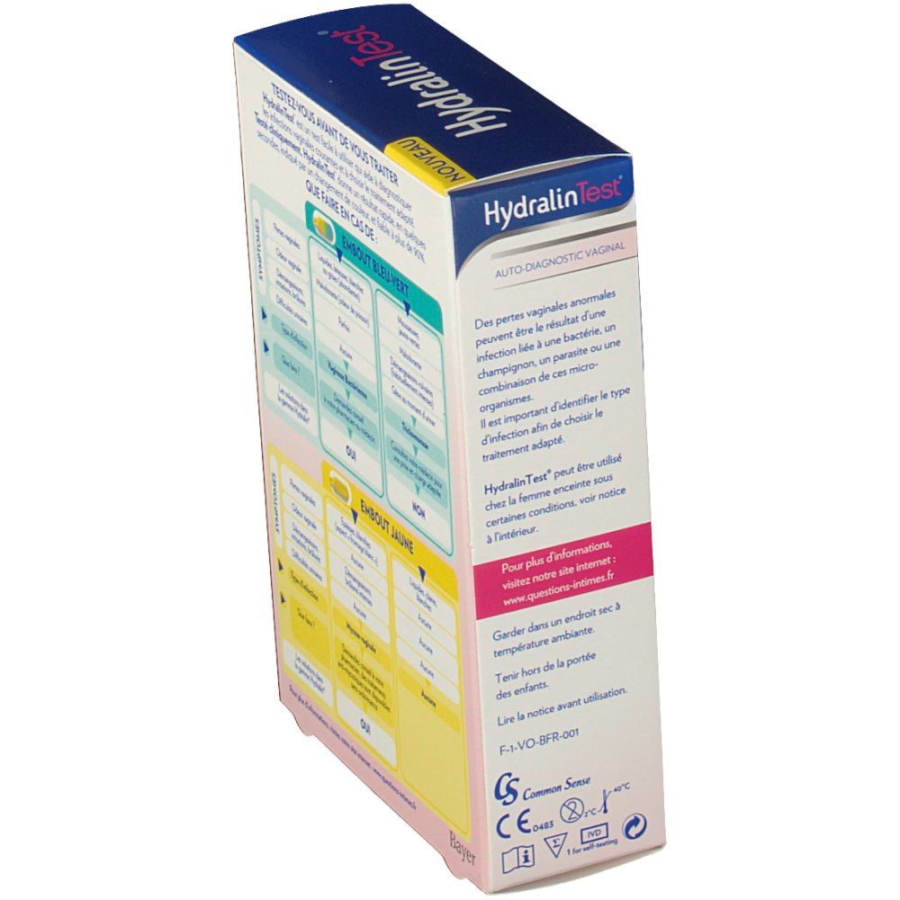 Doos HydralinTest® Auto-test vaginaal. Zijaanzicht. Diagrammen met symptomen en resultaten. Bayer-logo.