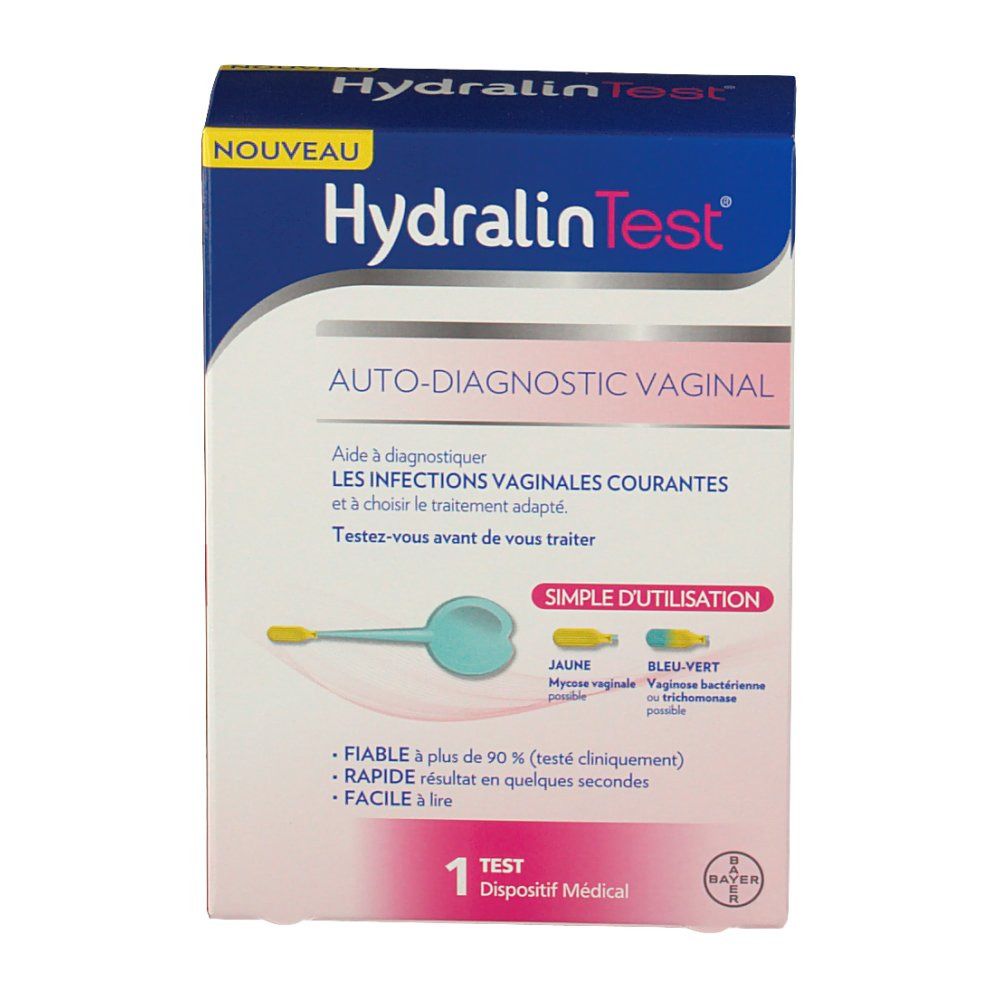 Doos HydralinTest® Auto-test vaginaal. Opschrift: Auto-diagnostiek vaginaal, 1 test. Gele en blauwgroene testpunten.
