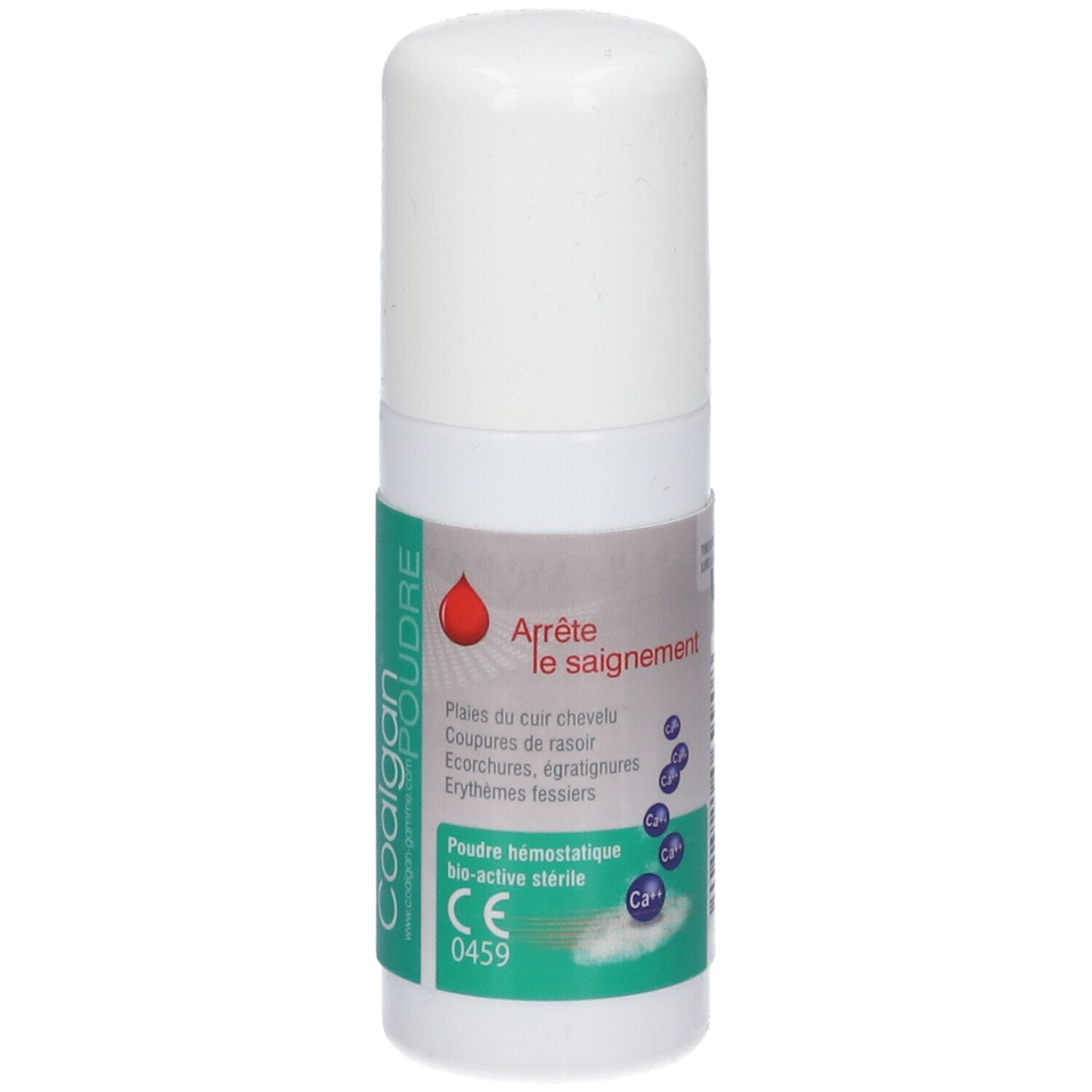 Witte cilindrische fles met groen etiket. Opschrift: Coalgan Poudre, Arrête le saignement. CE-markering.