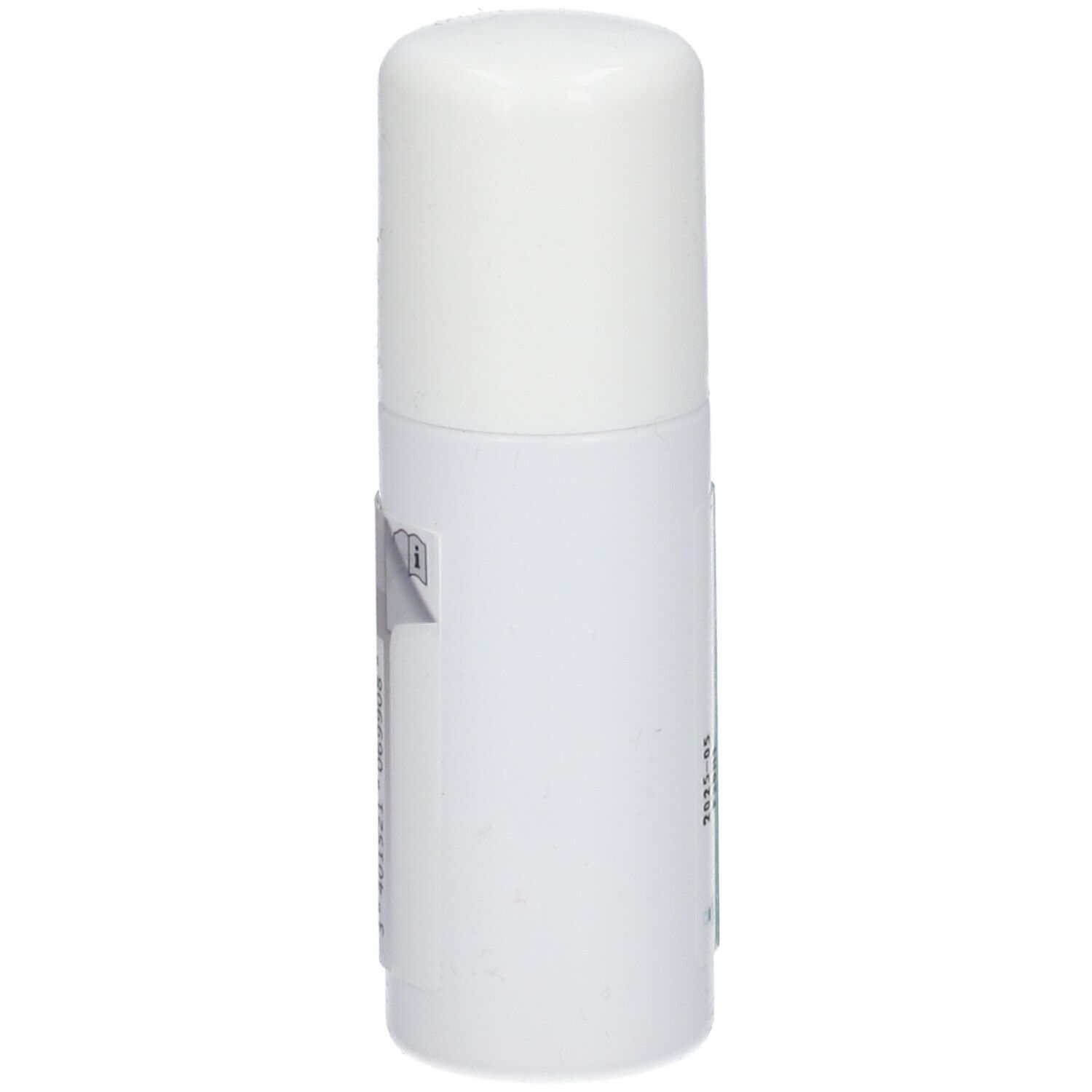 Witte cilindrische fles met witte dop. Etiket met tekst en barcode. Achteraanzicht.