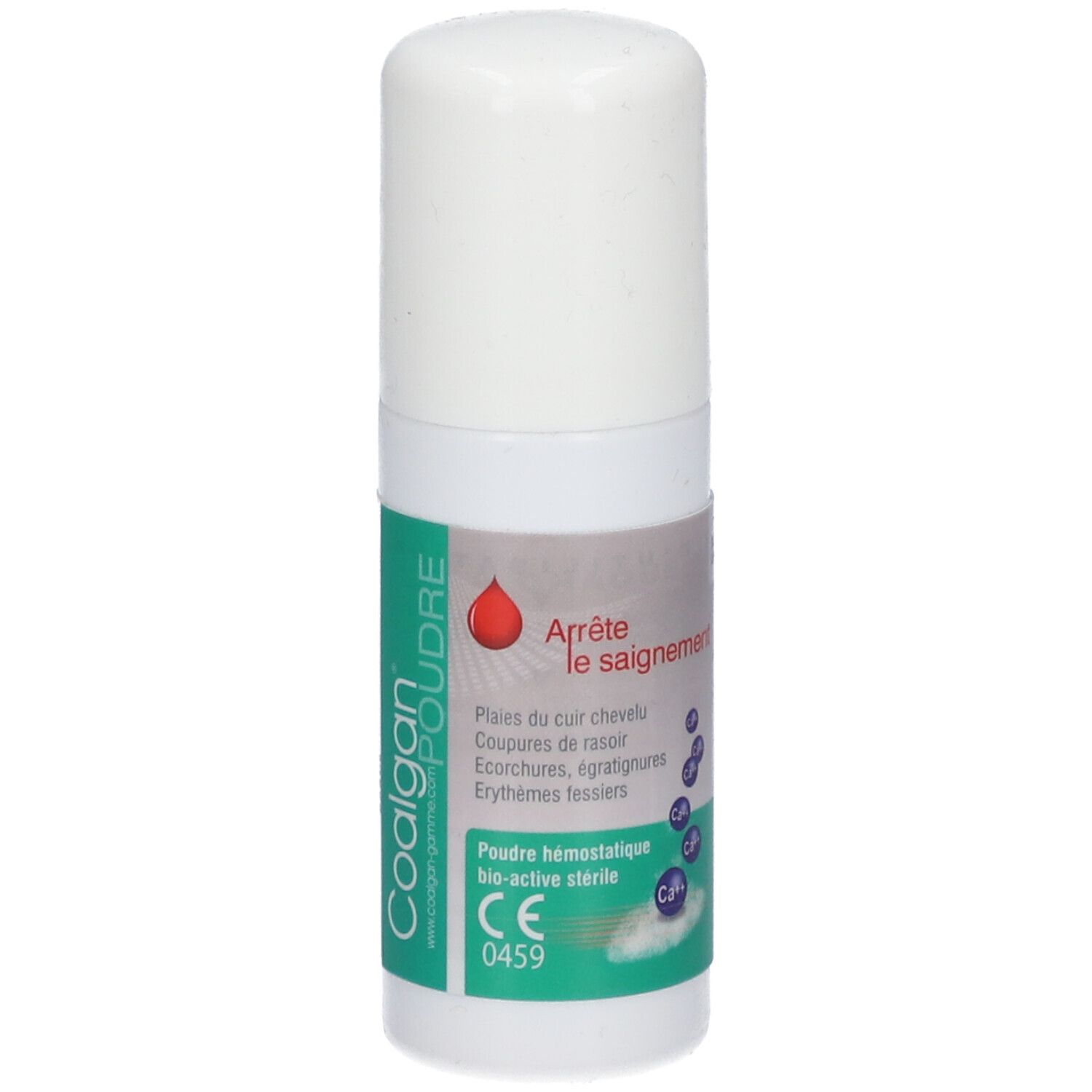 Witte cilindrische fles met groen etiket. Opschrift: Coalgan Poudre, Arrête le saignement. CE-markering.
