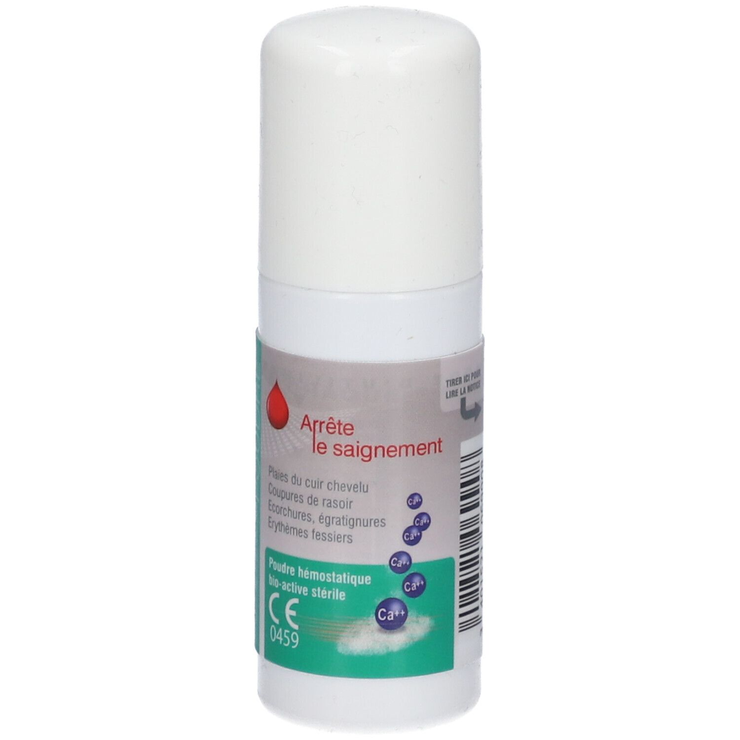 Witte cilindrische fles met groen etiket. Opschrift: Coalgan Poudre, Arrête le saignement. CE-markering.