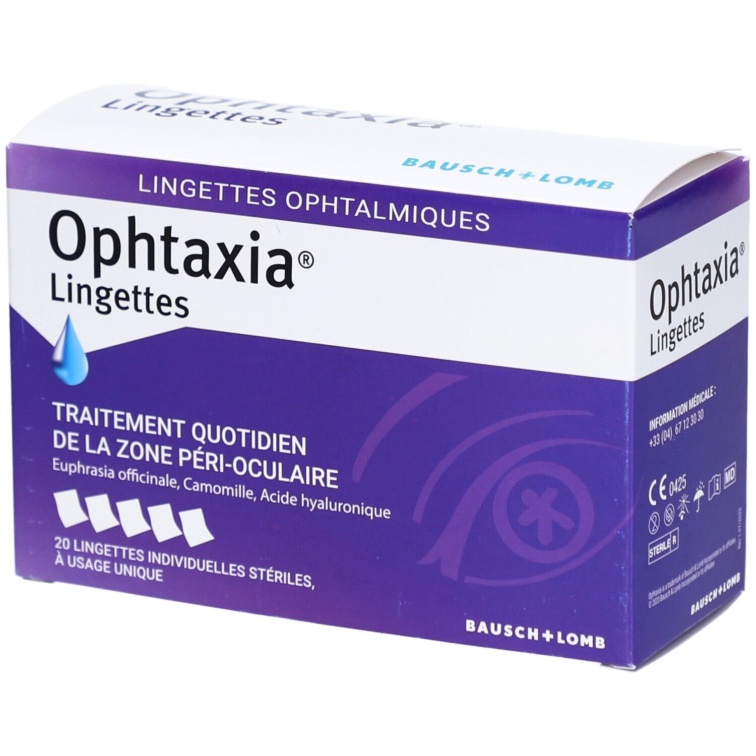 Boîte Ophtaxia Lingettes. Violet et blanc. Inscription du nom du produit et informations. 20 lingettes stériles.