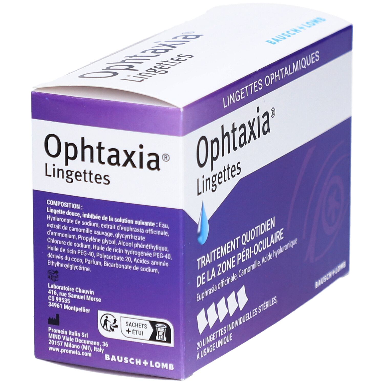 Boîte Ophtaxia Lingettes. Violet et blanc. Inscription du nom du produit et ingrédients. 20 lingettes stériles.