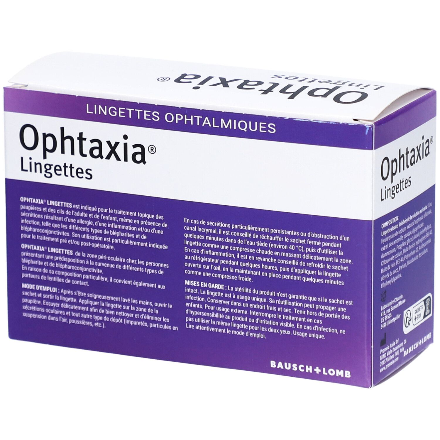 Boîte Ophtaxia Lingettes. Texte en français. Informations sur le produit. 20 lingettes stériles.
