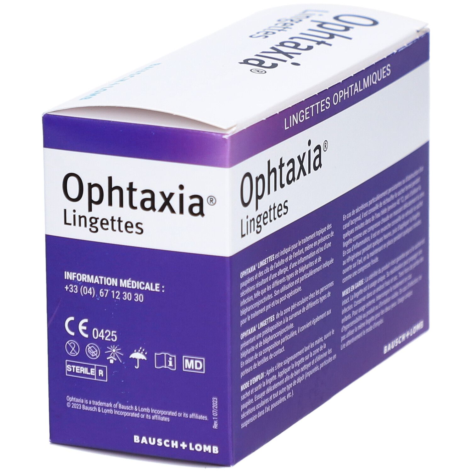 Boîte Ophtaxia Lingettes. Violet et blanc. Informations, marquage CE et stérile. Numéro de téléphone.
