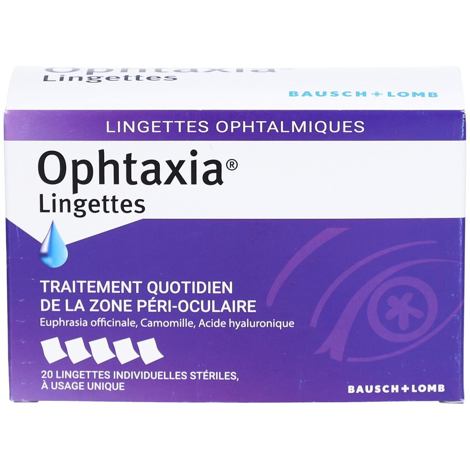 Boîte Ophtaxia Lingettes. Violet et blanc. Inscription du nom du produit et informations. 20 lingettes stériles.