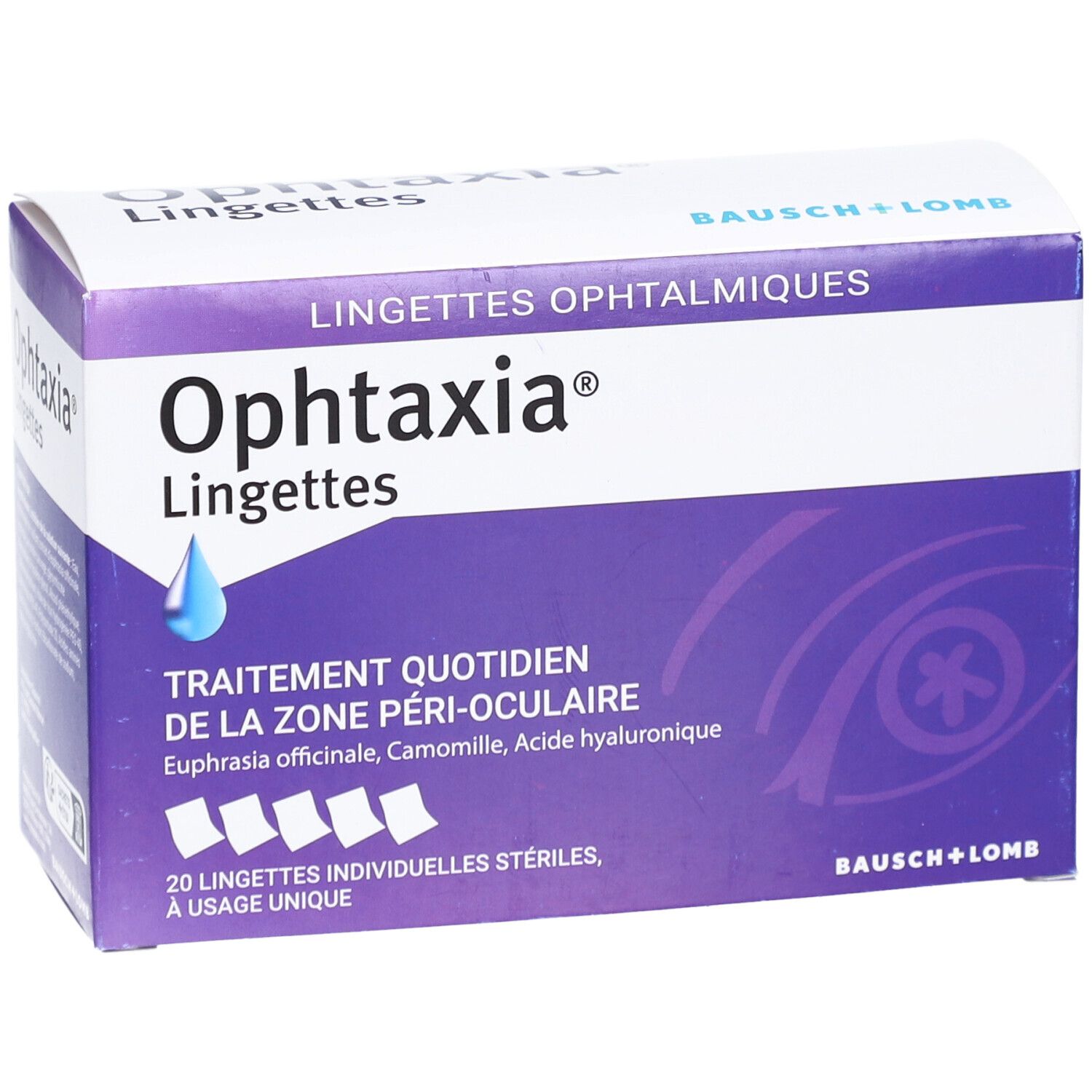 Boîte Ophtaxia Lingettes. Violet et blanc. Inscription du nom du produit et informations. 20 lingettes stériles.