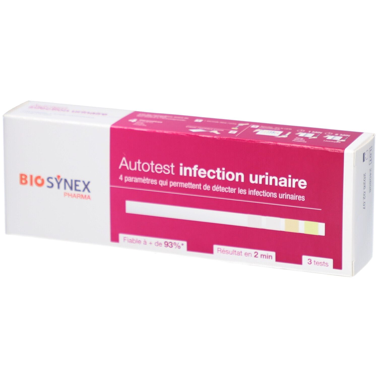 Boîte BIOSYNEX. Inscription: Autotest infection urinaire. Contient des bandelettes. 3 tests.