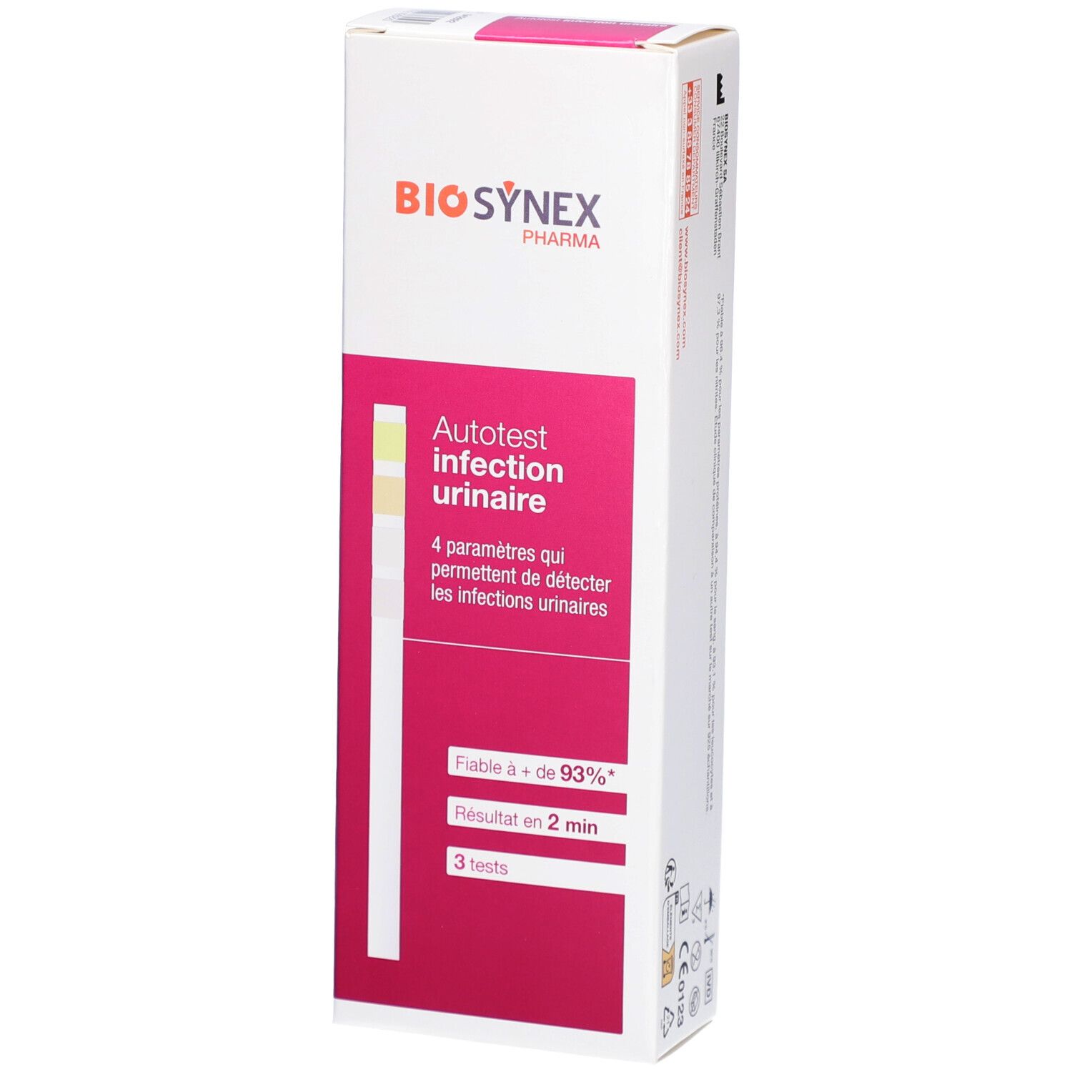 Boîte BIOSYNEX. Inscription: Autotest infection urinaire. Contient des bandelettes. 3 tests.