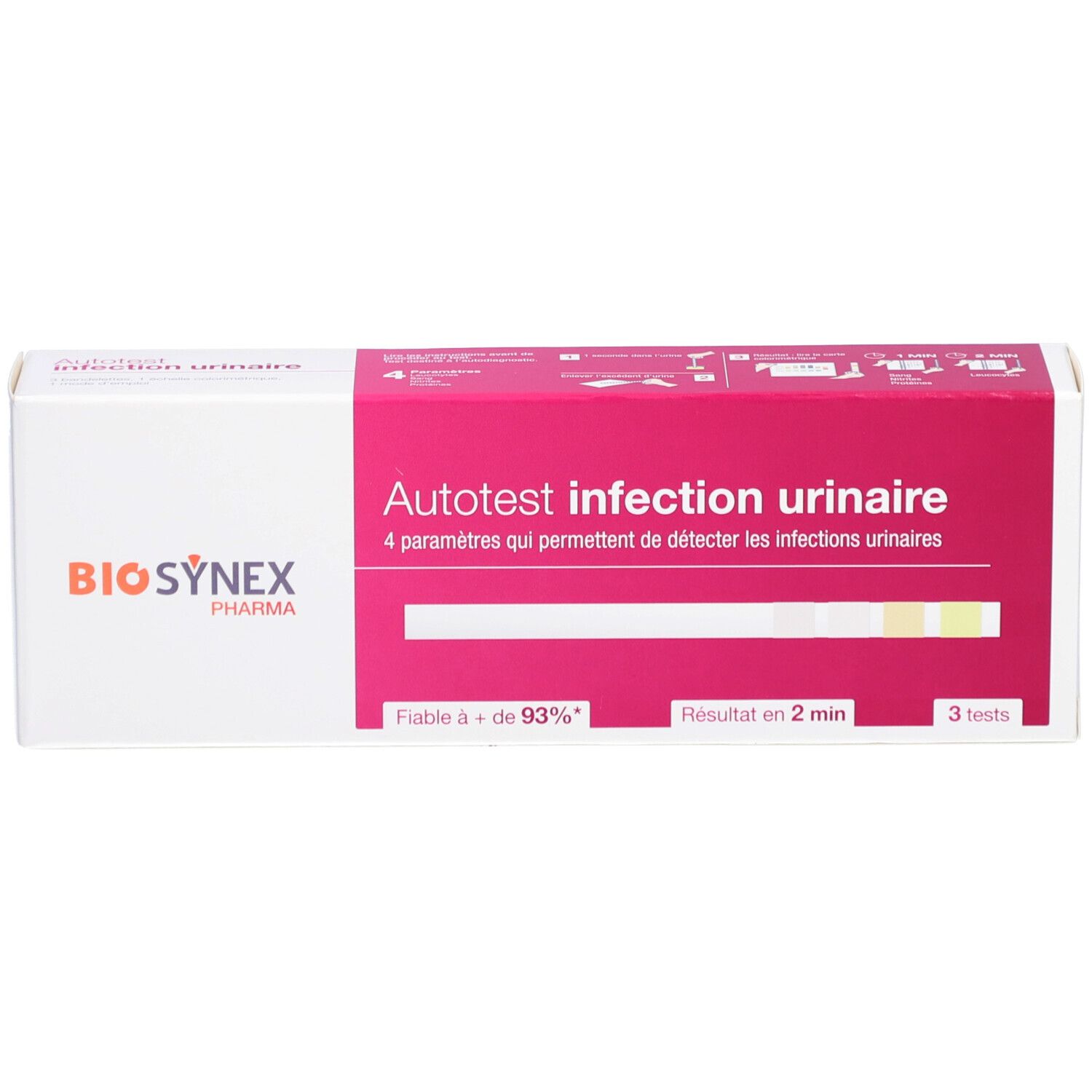 Boîte BIOSYNEX. Inscription: Autotest infection urinaire. Contient des bandelettes. 3 tests.