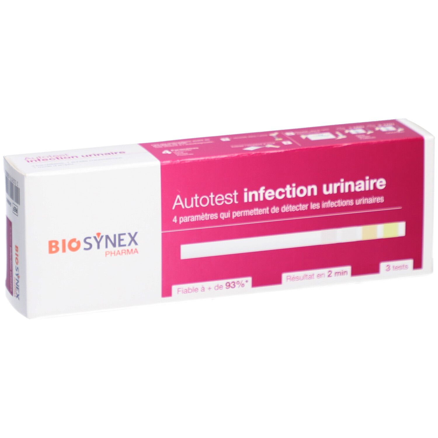 Boîte BIOSYNEX. Inscription: Autotest infection urinaire. Contient des bandelettes. 3 tests.