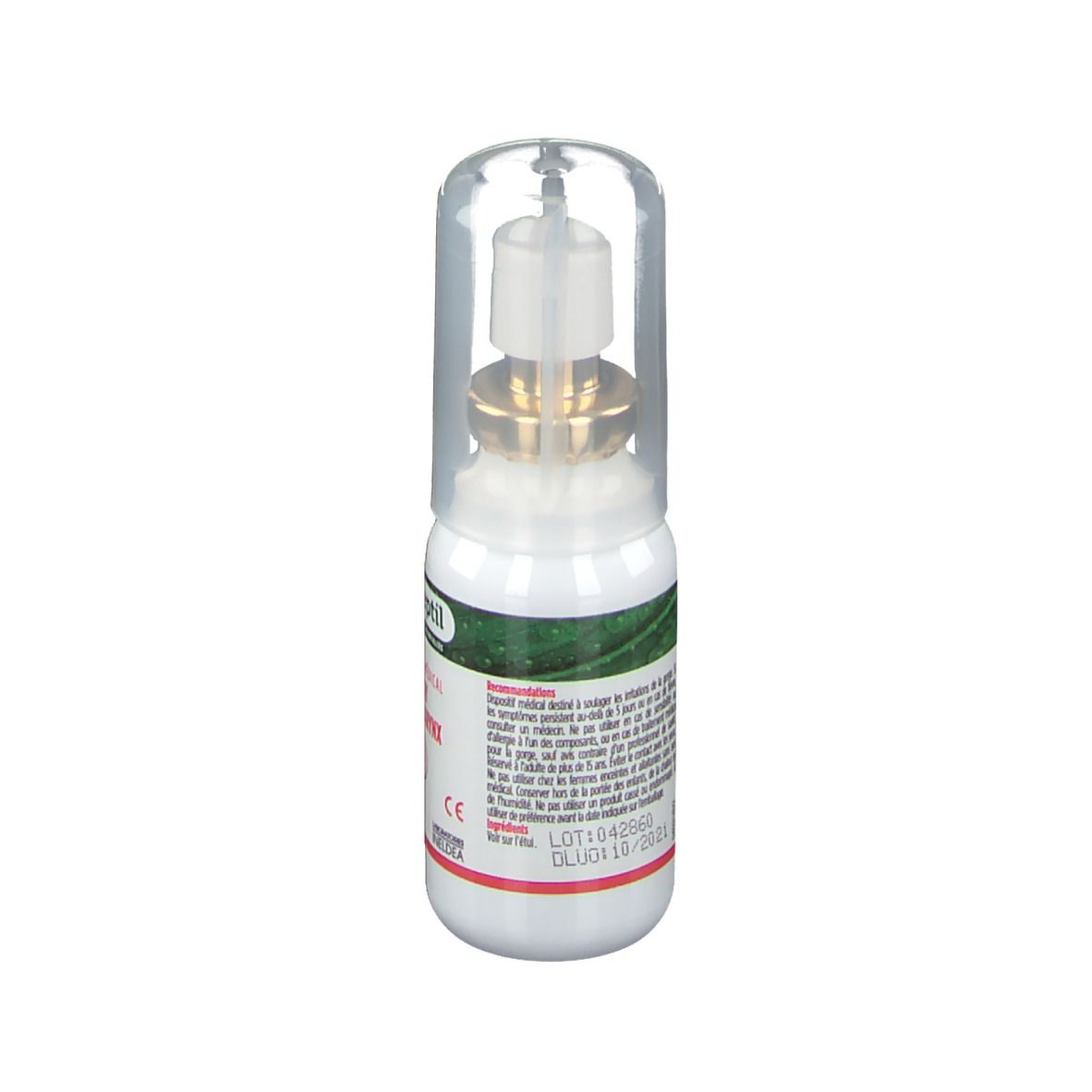 Medisch sprayflesje met dop. Merk: olioseptil® Spray gorge-larynx. Tekst: 20ml, dispositif médical.