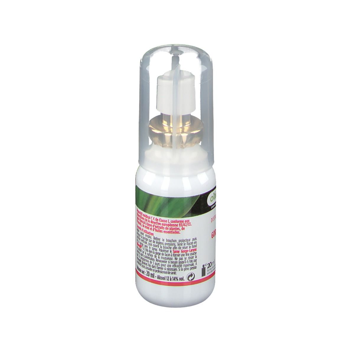 Medisch sprayflesje met dop. Merk: olioseptil® Spray gorge-larynx. Tekst: 20ml, dispositif médical.