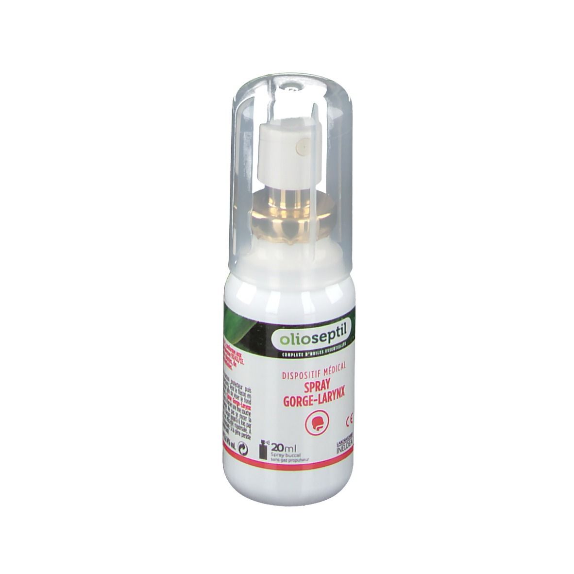 Medisch sprayflesje met dop. Merk: olioseptil® Spray gorge-larynx. Tekst: 20ml, dispositif médical.