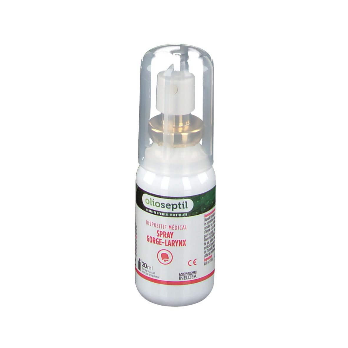 Medisch sprayflesje met dop. Merk: olioseptil® Spray gorge-larynx. Tekst: 20ml, dispositif médical.