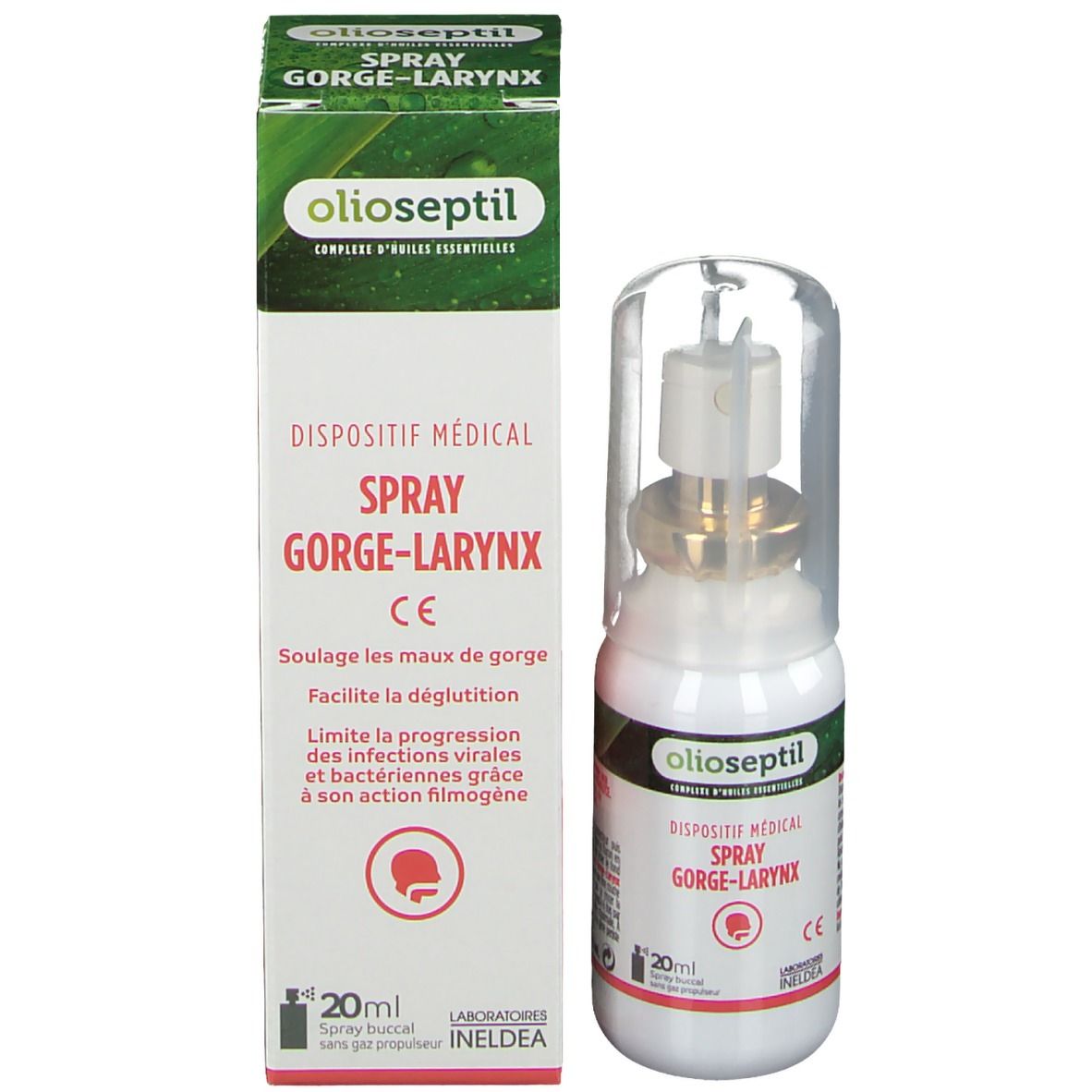 Medisch sprayflesje met dop en verpakking. Merk: olioseptil® Spray gorge-larynx. Tekst: 20ml, dispositif médical.