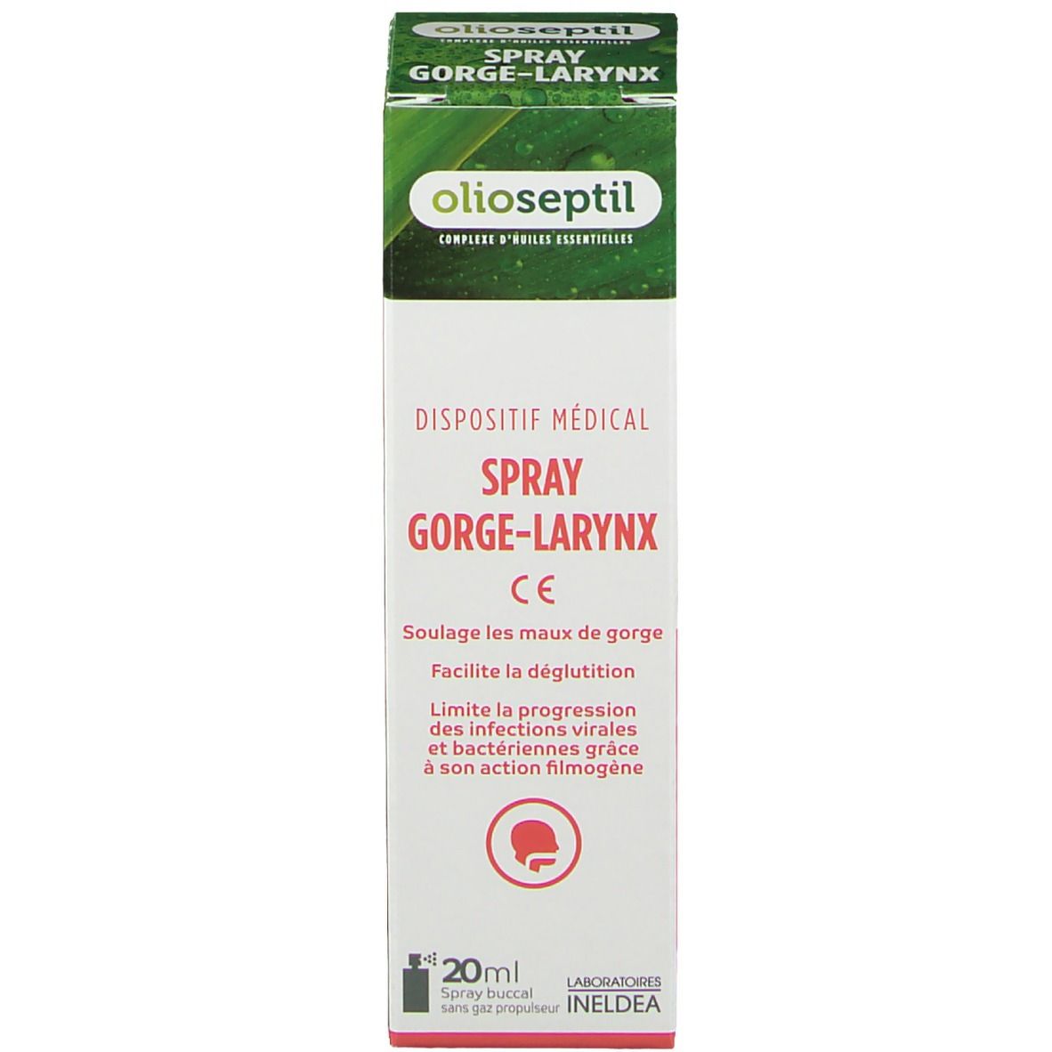 Verpakking van olioseptil® Spray gorge-larynx. Tekst: 20ml, dispositif médical. Met productinformatie.