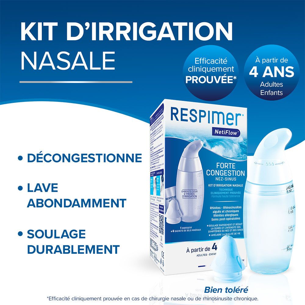 Kit d'irrigation nasale Respimer. Flacon et embouts. Dès 4 ans. Boîte avec visuel produit.