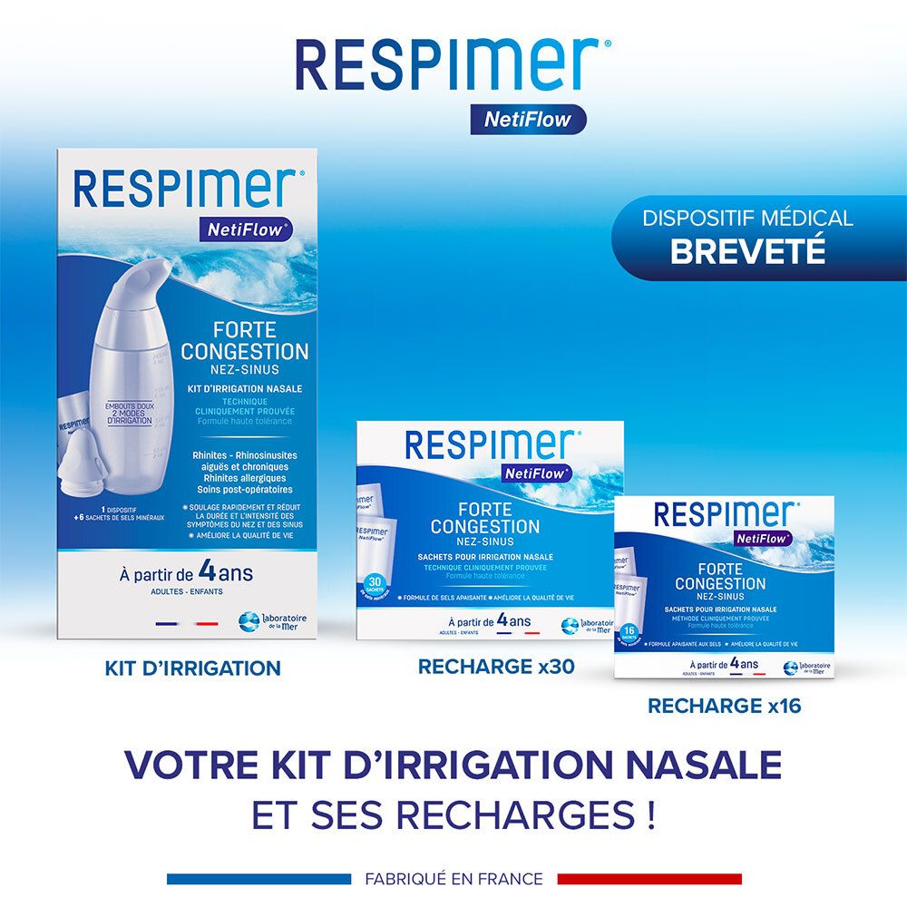Gamme Respimer : kit d'irrigation nasale et recharges. Dispositif médical. Différents emballages.