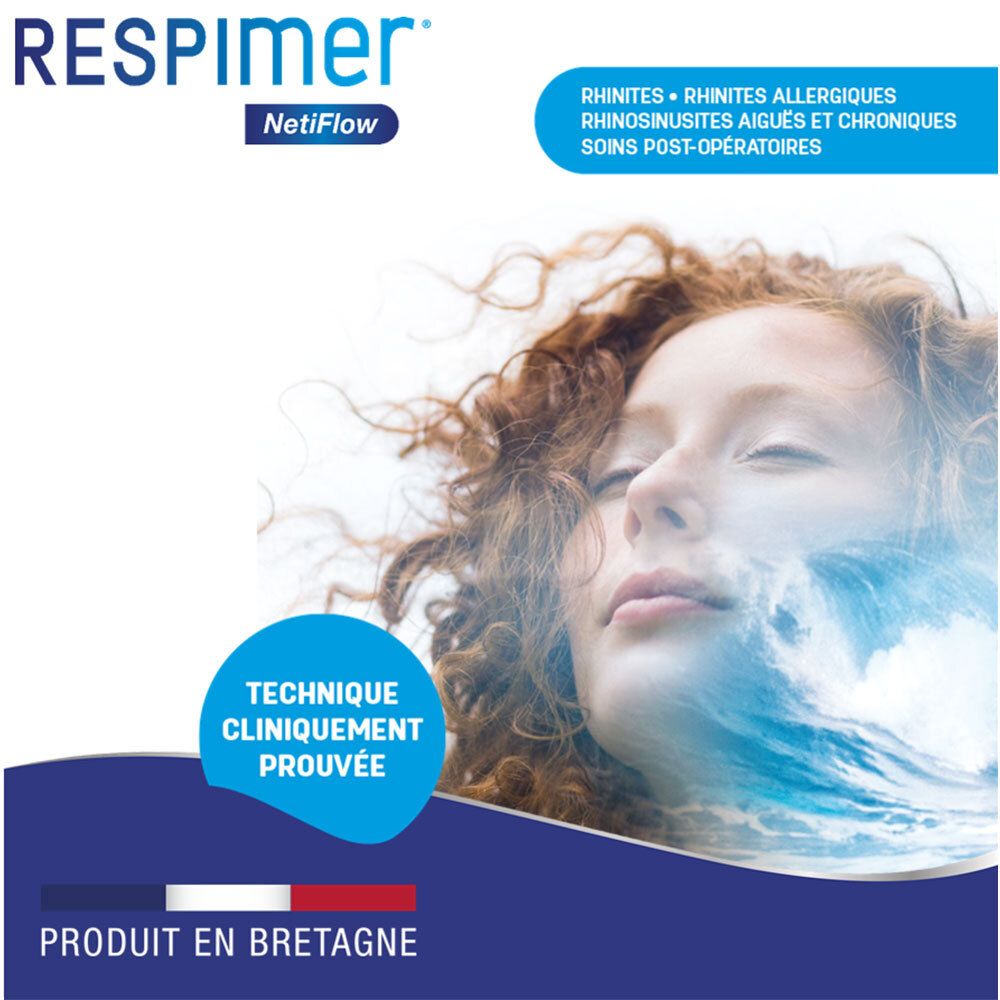 Visage de femme avec eau et texte. Marque Respimer. Technique cliniquement prouvée. Fabriqué en Bretagne.