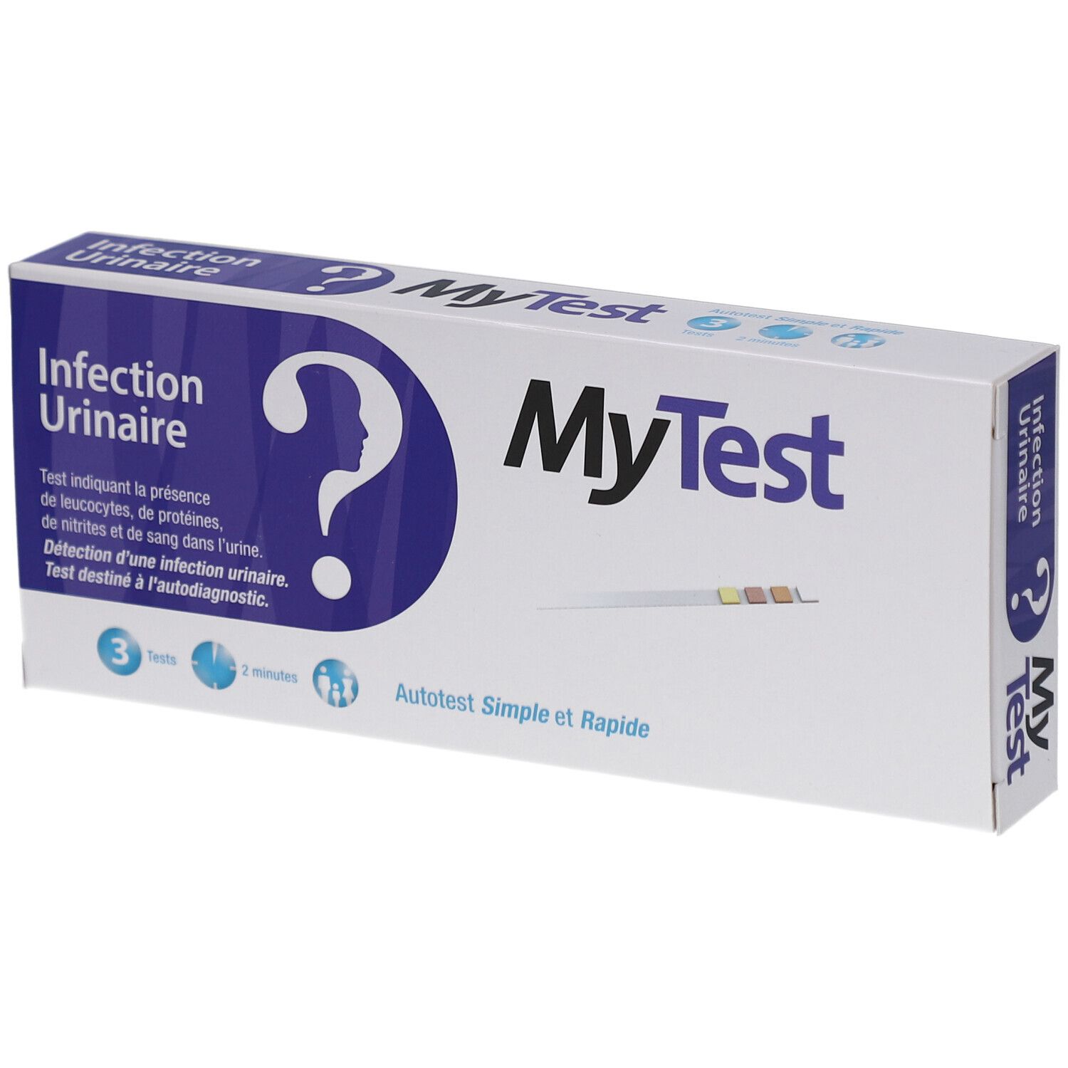 Doosje MyTest Infection Urinaire. Opdruk: vraagteken-silhouet, 3 tests, 2 minuten, Viatris.