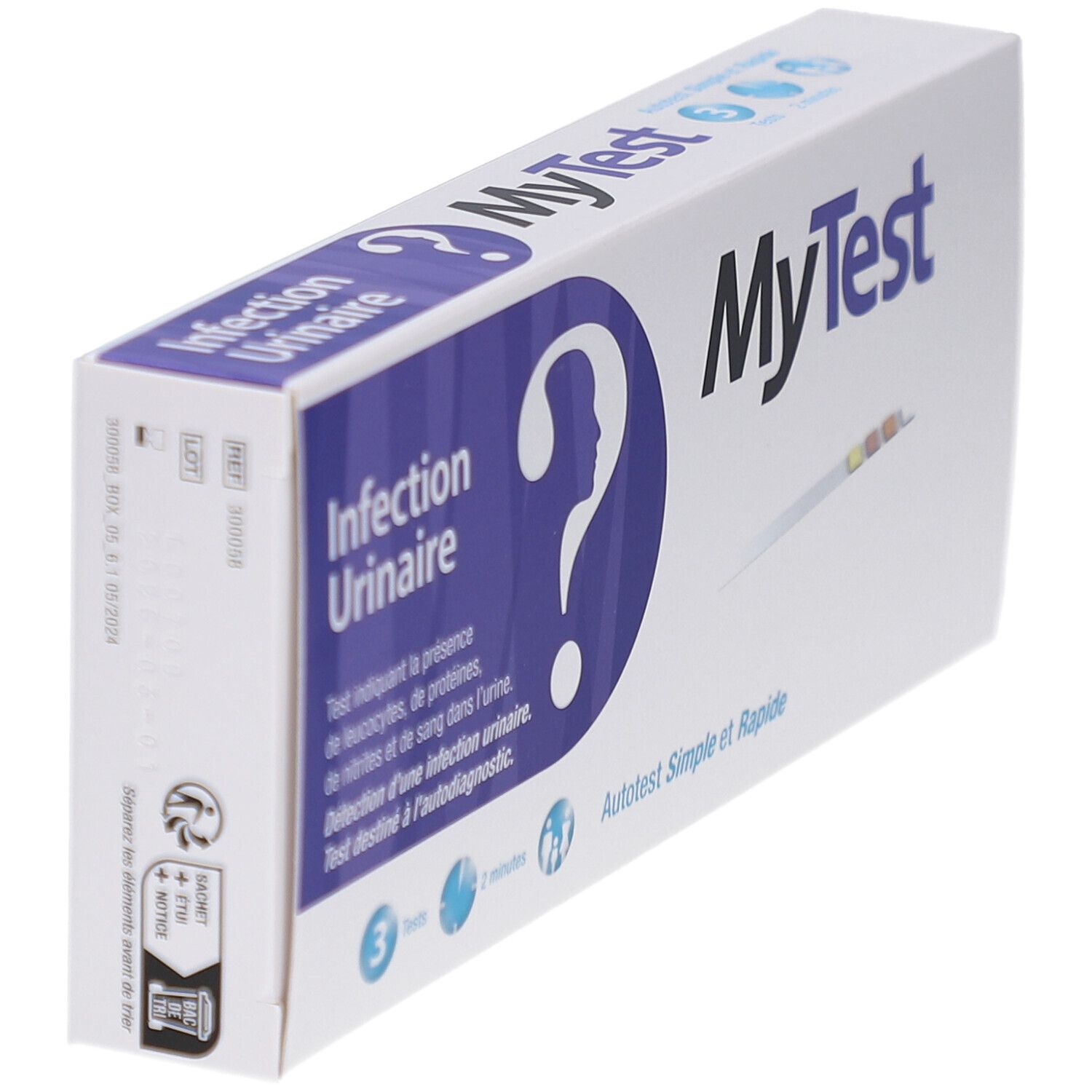 Schuin doosje MyTest Infection Urinaire. Opdruk: vraagteken-silhouet, 3 tests, 2 minuten, Viatris, CE-markering.