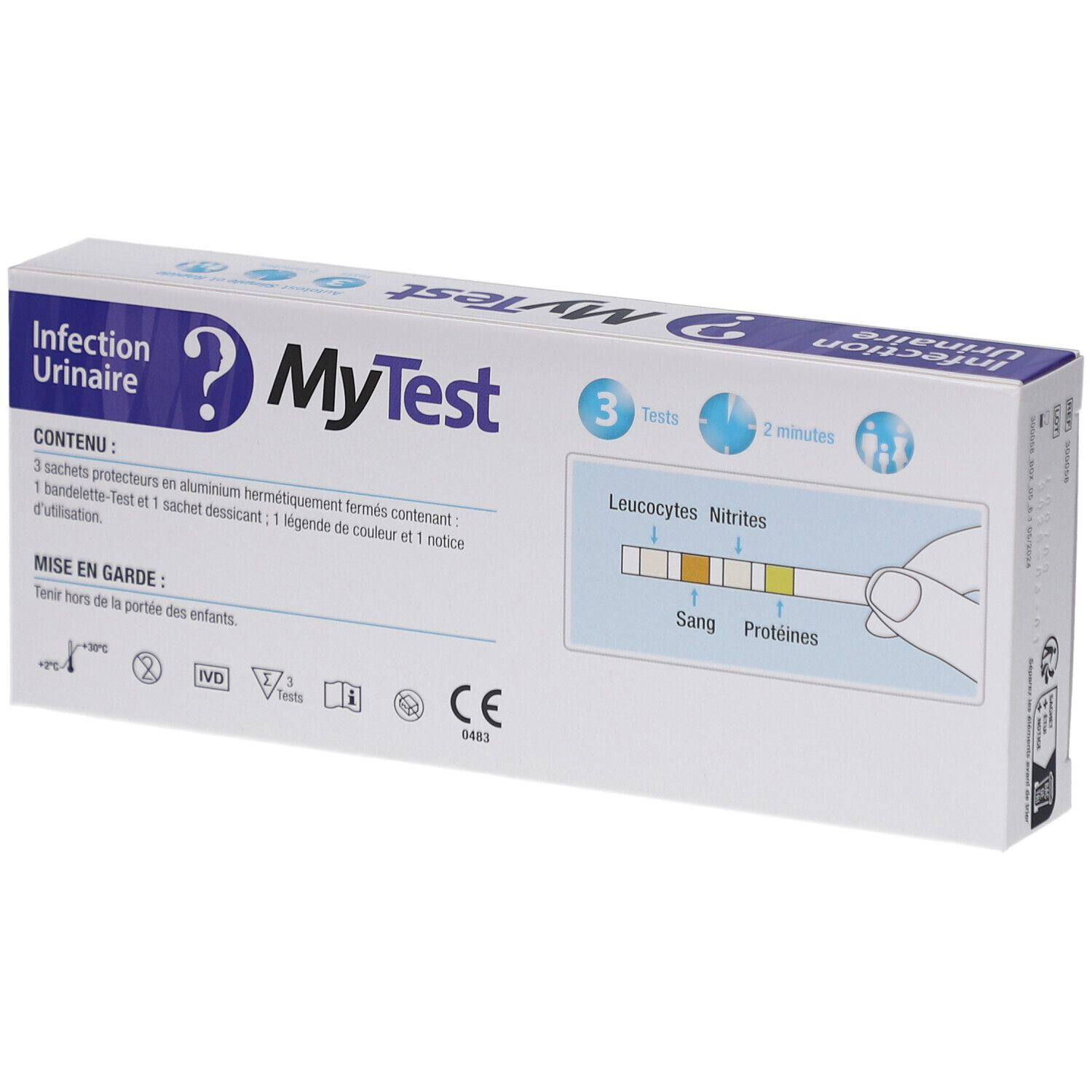 Doosje MyTest Infection Urinaire met teststrip-weergave. Opdruk: 3 tests, 2 minuten, Viatris, PEFC-logo.