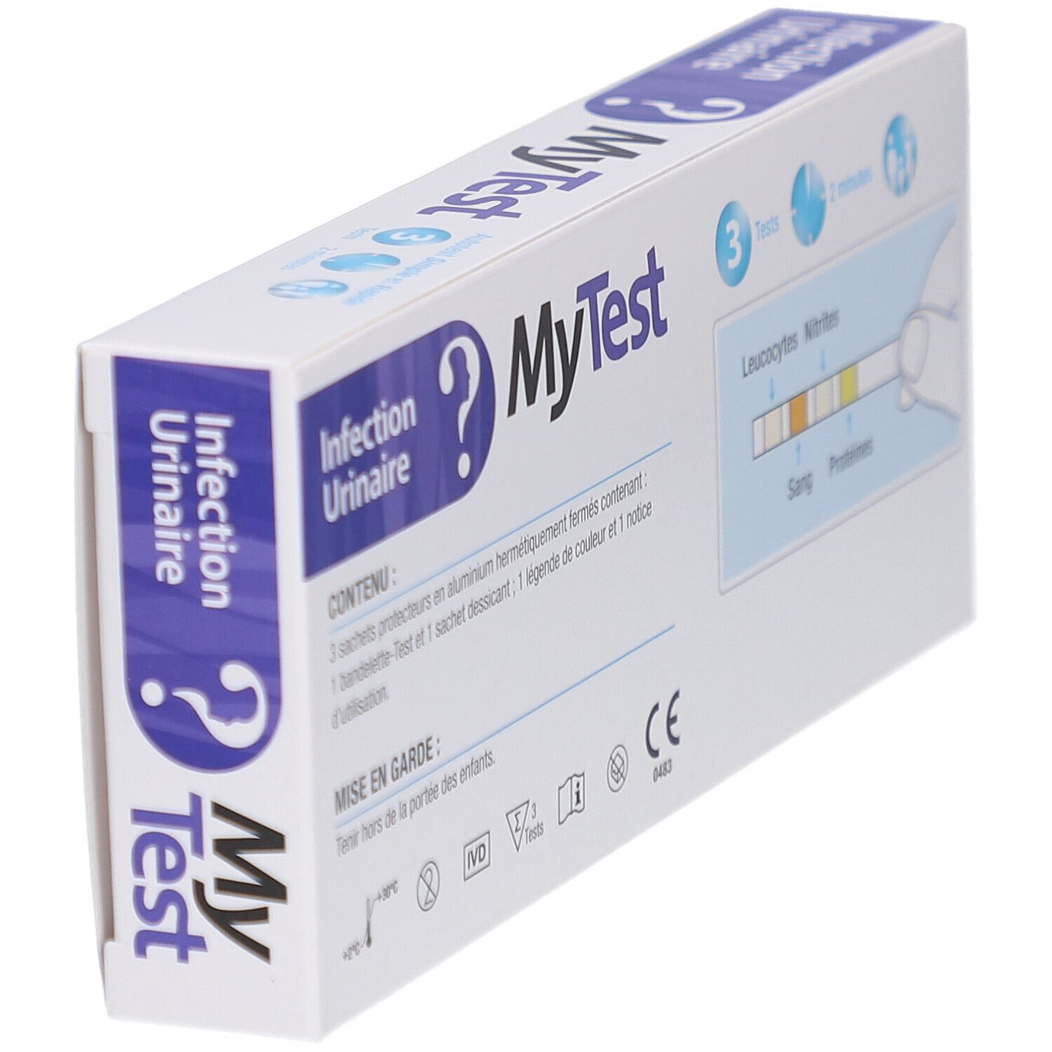 Schuin doosje MyTest Infection Urinaire. Opdruk: 3 tests, 2 minuten, Viatris, PEFC-logo, CE-markering.