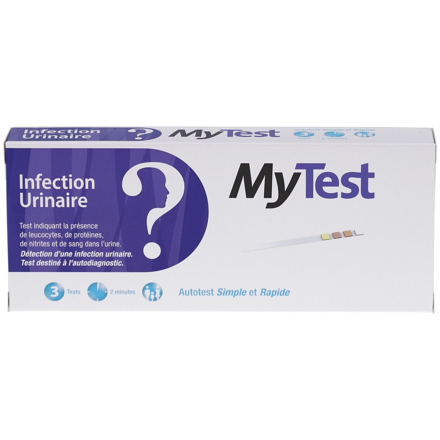 Doosje MyTest Infection Urinaire. Opdruk: vraagteken-silhouet, 3 tests, 2 minuten, Viatris.