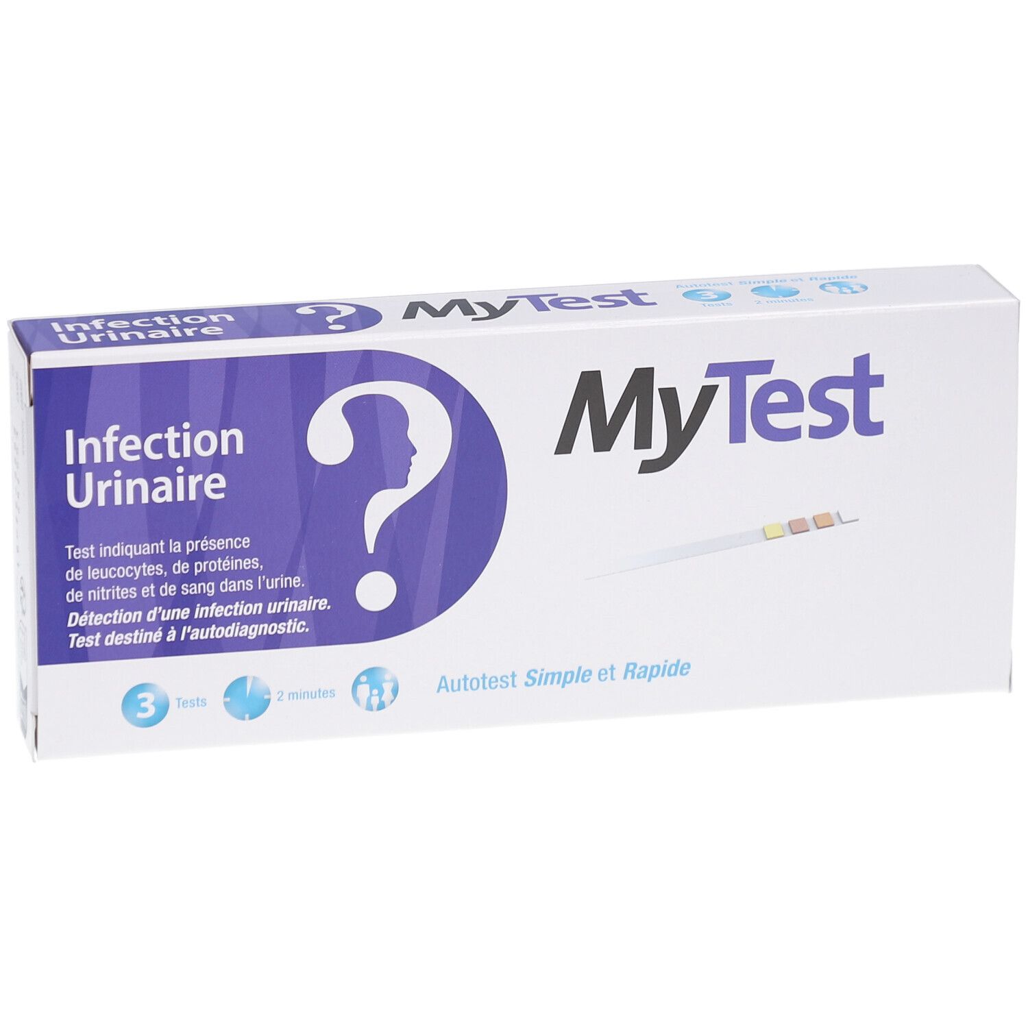 Doosje MyTest Infection Urinaire. Opdruk: vraagteken-silhouet, 3 tests, 2 minuten, Viatris.