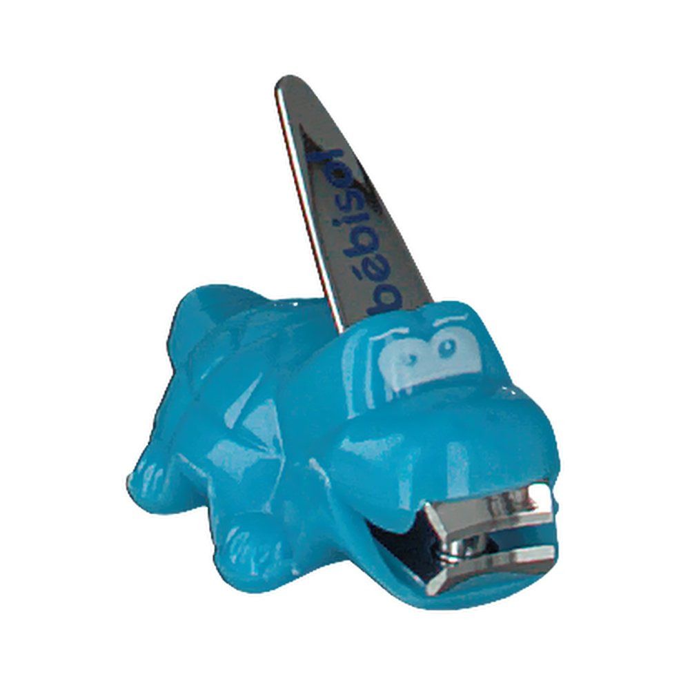 Coupe-ongles bleu en forme de crocodile. Lame argentée avec inscription "bébisol".