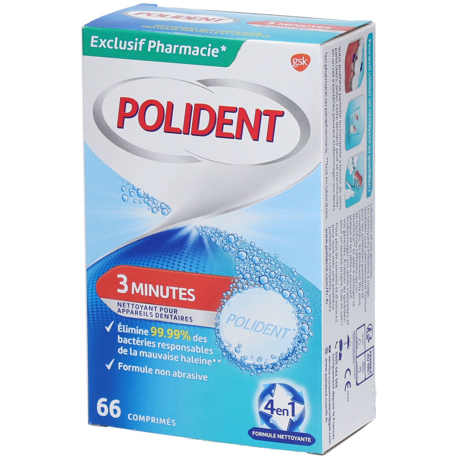 Boîte de POLIDENT 3 Minutes 4en1, 66 comprimés. Logo Exclusif Pharmacie. Emballage avec bulles.