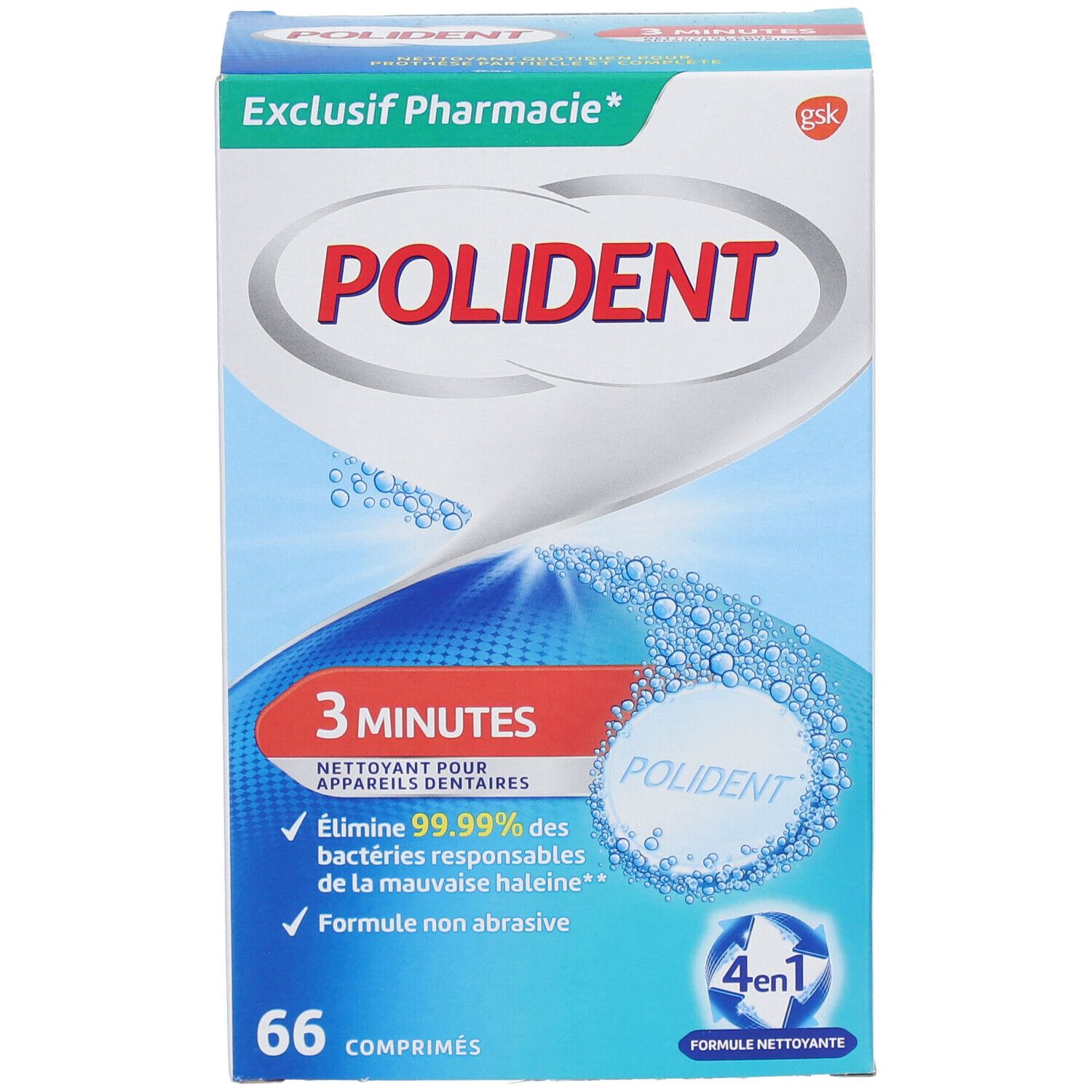 Boîte de POLIDENT 3 Minutes 4en1, 66 comprimés. Logo Exclusif Pharmacie. Emballage avec bulles.