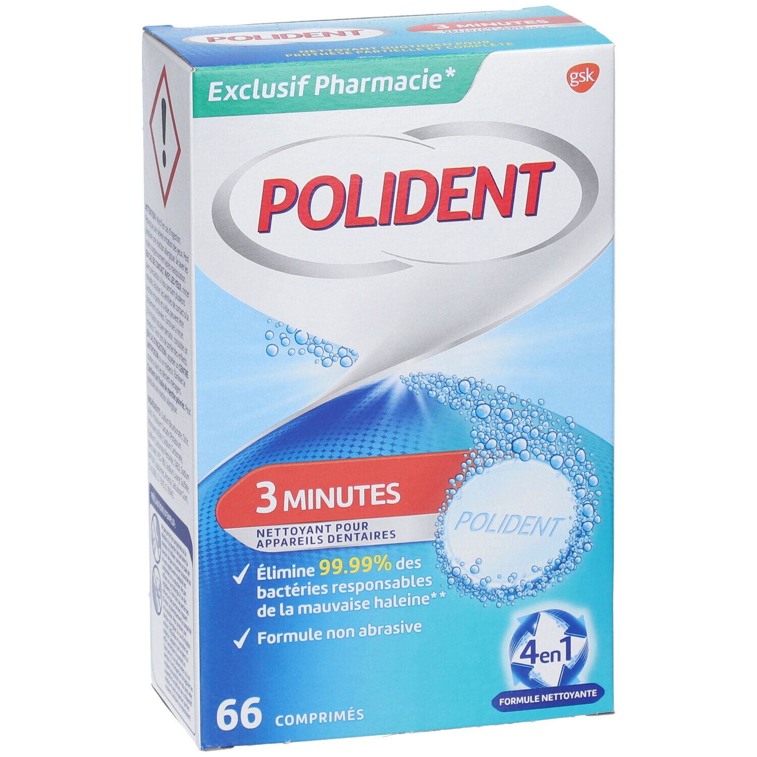 Boîte de POLIDENT 3 Minutes 4en1, 66 comprimés. Logo Exclusif Pharmacie. Emballage avec bulles.