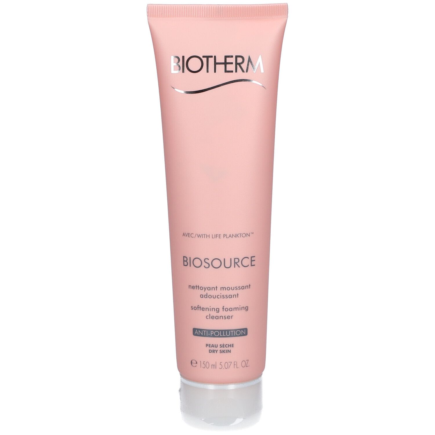 Roze tube Biotherm Biosource. Schuimende reiniger voor de gevoelige huid. Zilveren tekst.