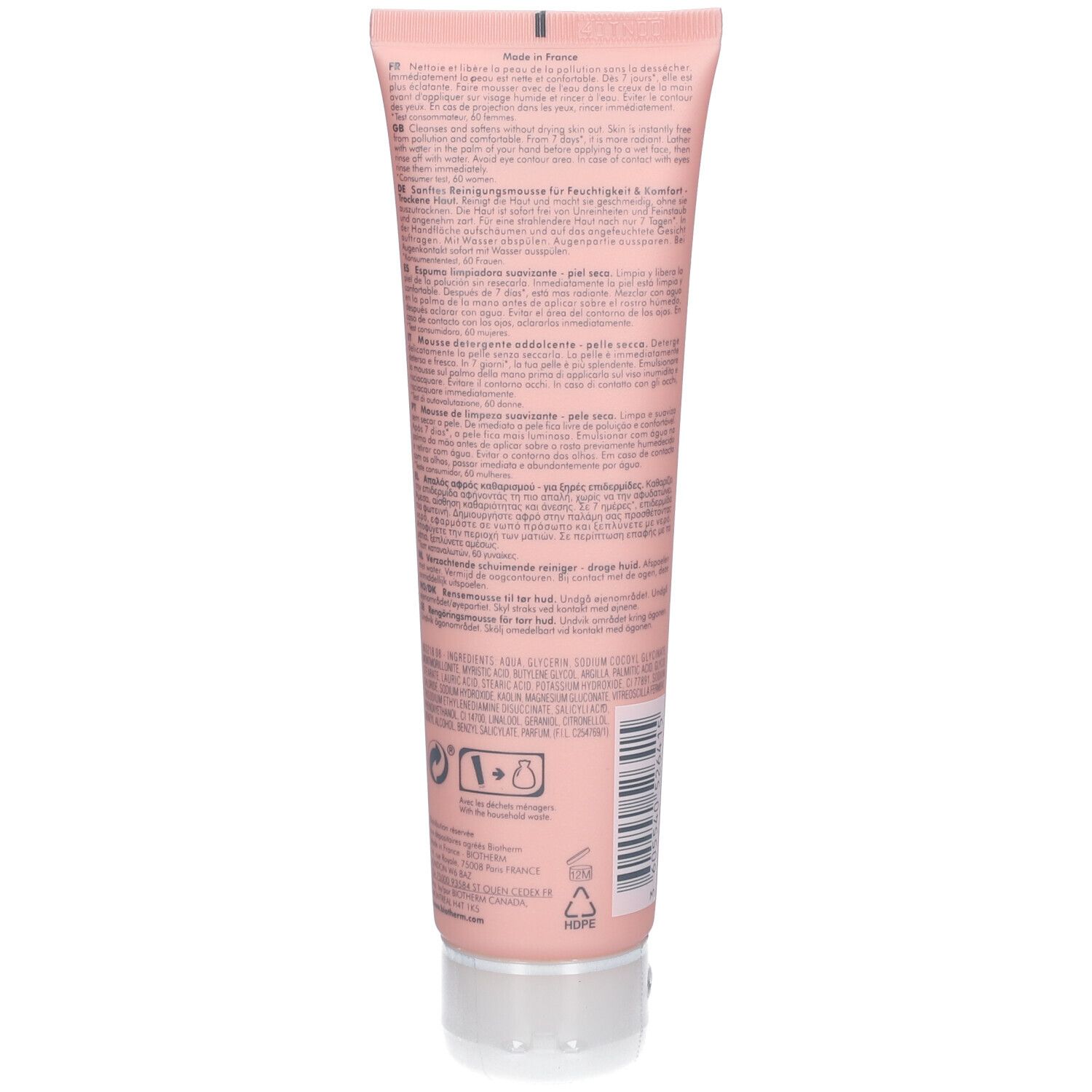 Achterkant van de roze tube met tekst. Fabrikantinformatie en ingrediënten.
