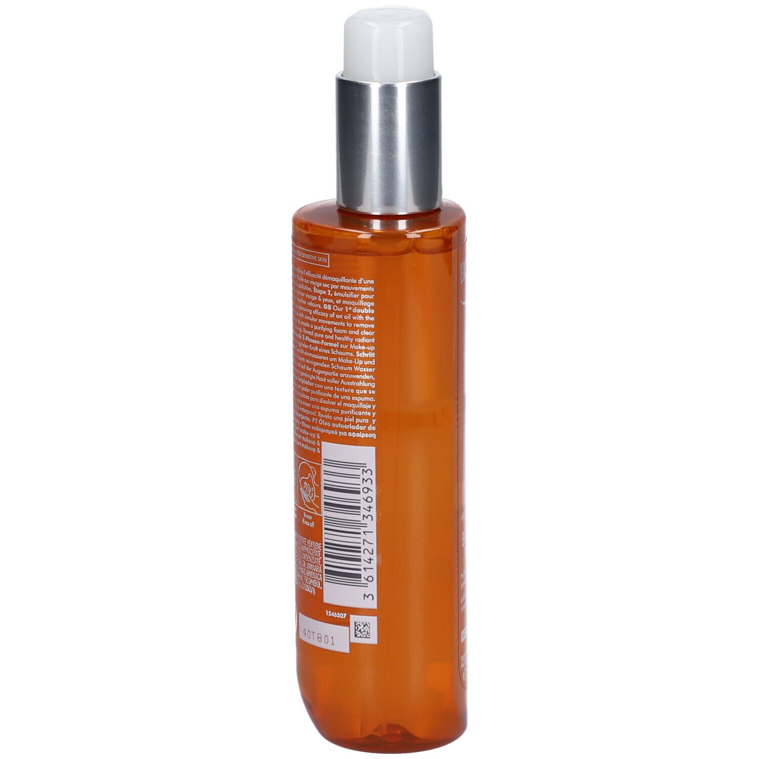 Achterkant van de Biotherm Biosource Total Renew Oil fles. Tekst en barcode.