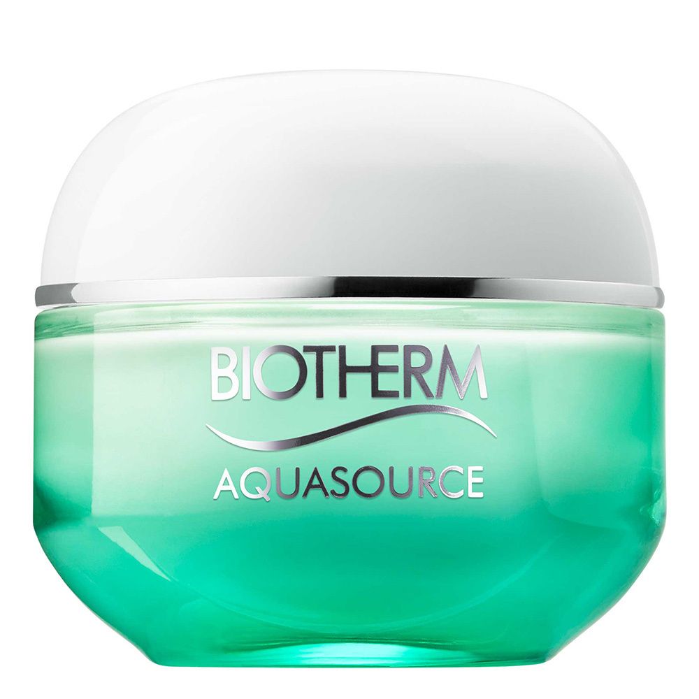 Pot avec couvercle blanc. Inscription: BIOTHERM AQUASOURCE. Gel-crème vert visible.