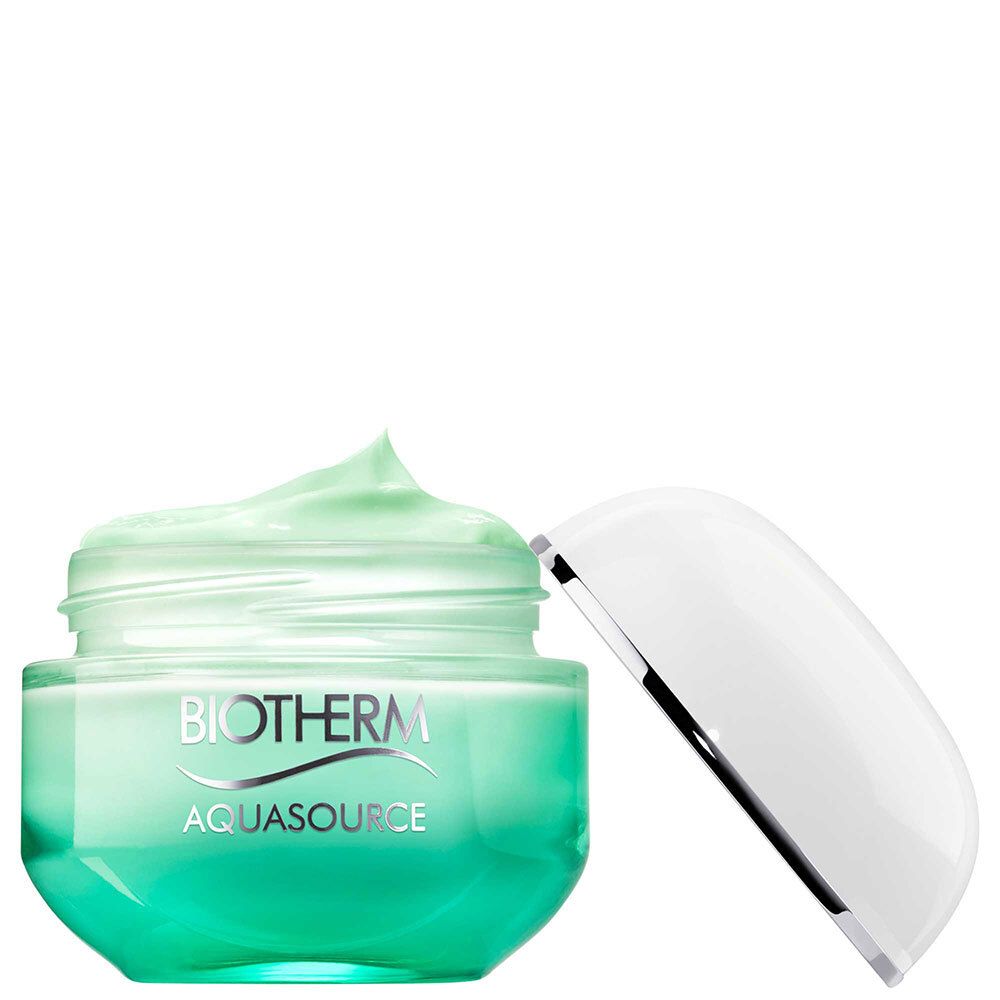 Pot ouvert avec couvercle blanc. Inscription: BIOTHERM AQUASOURCE. Gel-crème vert visible.
