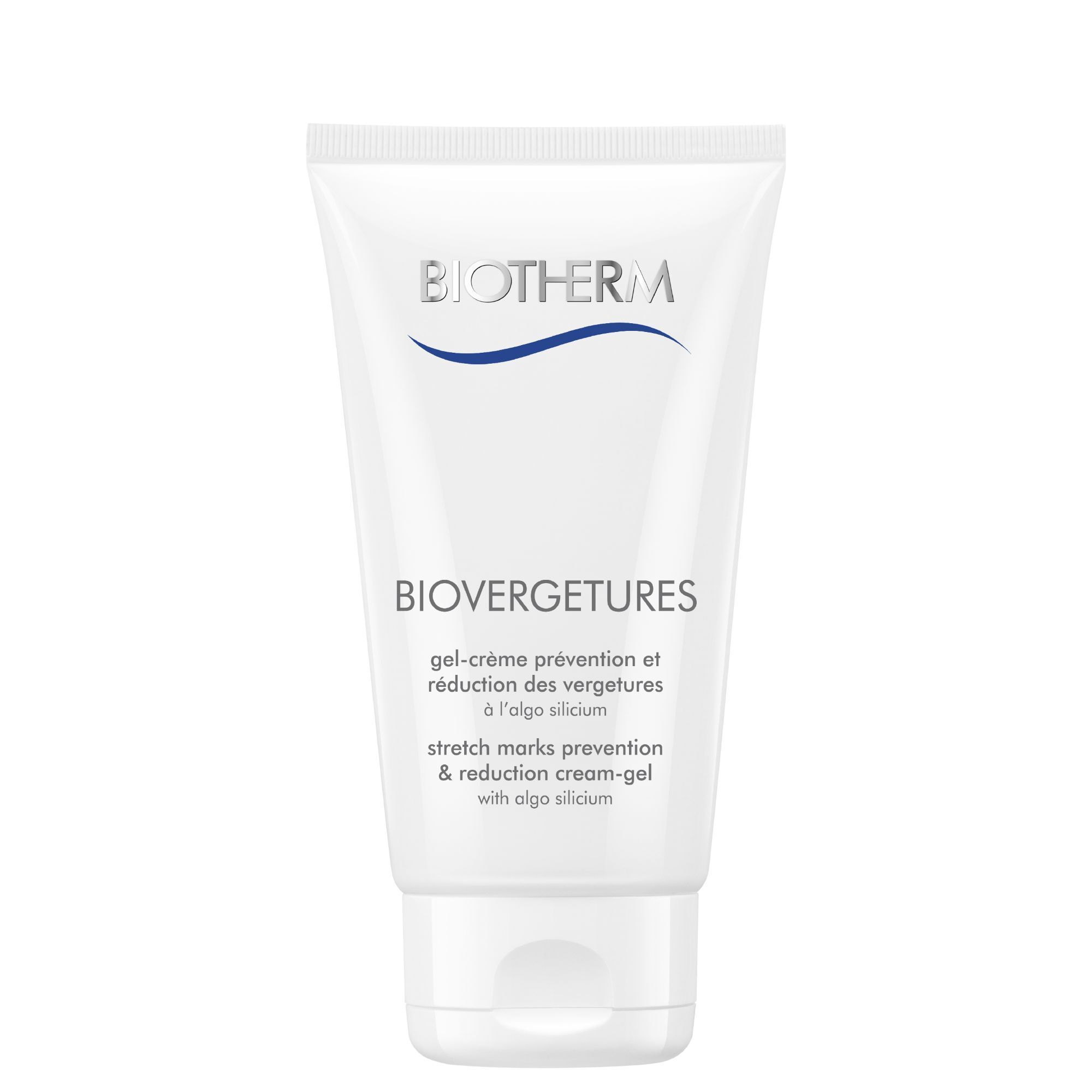 Witte tube met blauw logo en tekst. Productnaam: BIOVERGETURES. Tekst: gel-crème prévention et réduction des vergetures.