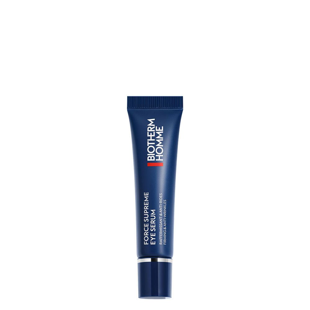 Blauwe en witte tube met serum. Opschrift: Biotherm Homme, Force Supreme Eye Architect Serum.