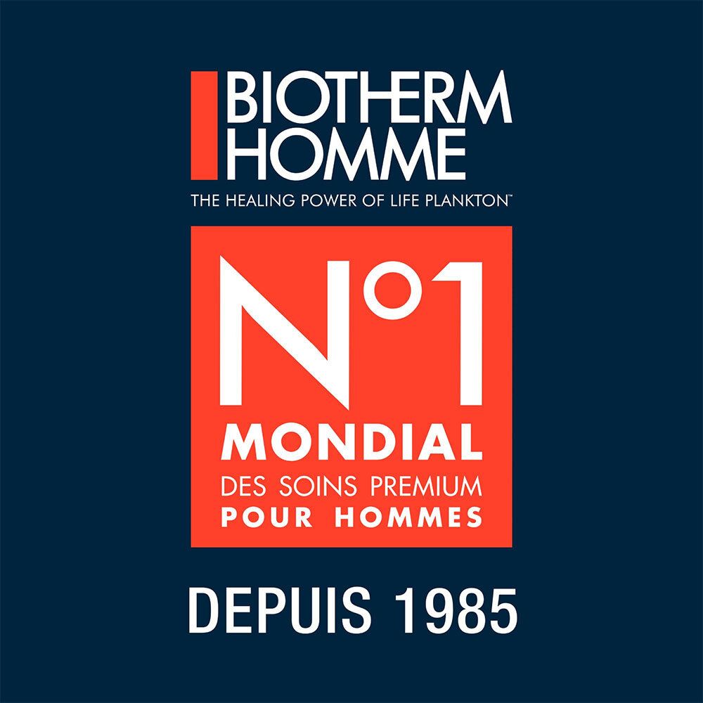 Carré rouge avec texte blanc: Biotherm Homme, N°1 Mondial, Des Soins Premium Pour Hommes, Depuis 1985.