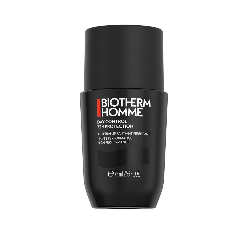 Roll-on déodorant noir. BIOTHERM HOMME DAY CONTROL 72H PROTECTION. Bouchon noir. Écriture blanche.